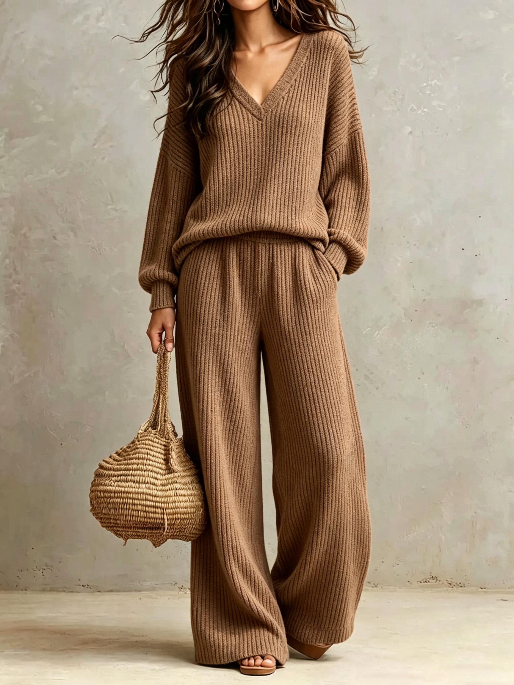 V‑Neck Rib‑Knit Wide‑Leg Knit Two‑Piece Loungewear Set