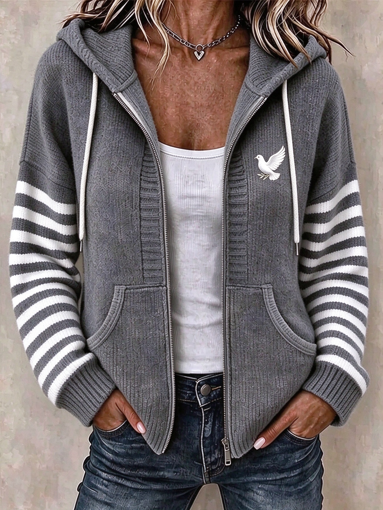 Women Striped Long Sleeve Hoodie Casual Spring/Fall Jacket