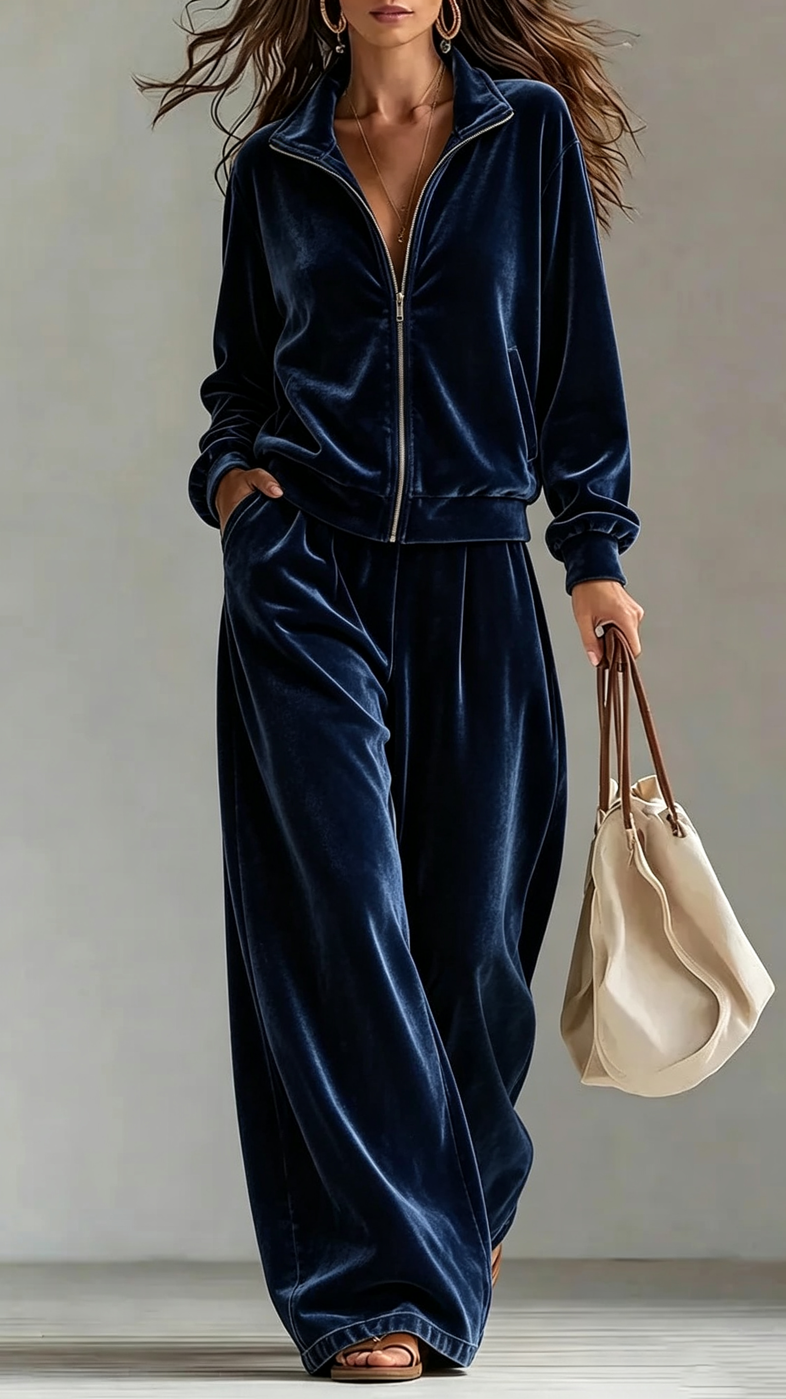Velour Full‑Zip Stand‑Collar Wide‑Leg Tracksuit Two‑Piece Set