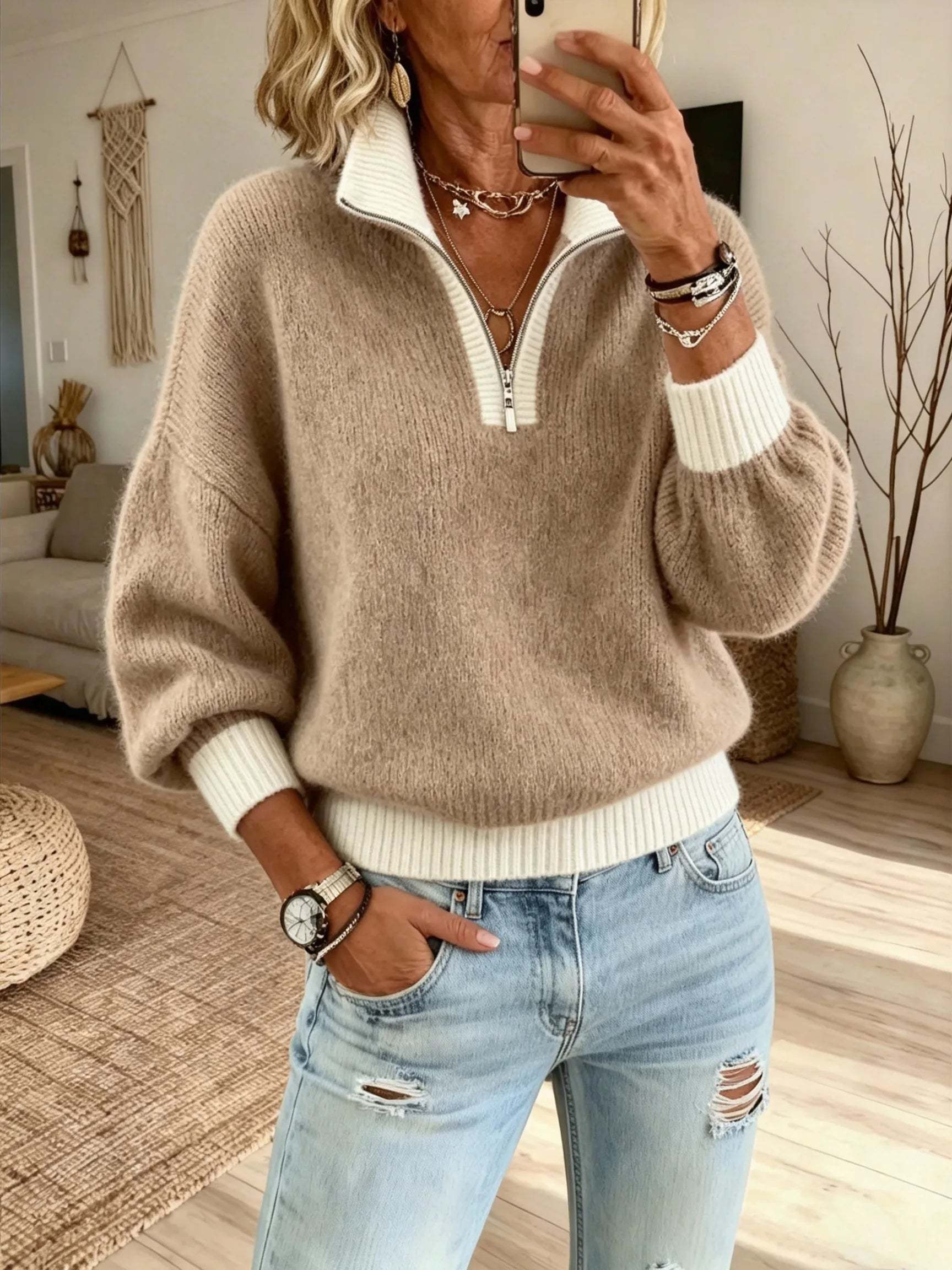 Half-Zip Mock Neck Sweater – Relaxed Fit Cozy Knit Pullover