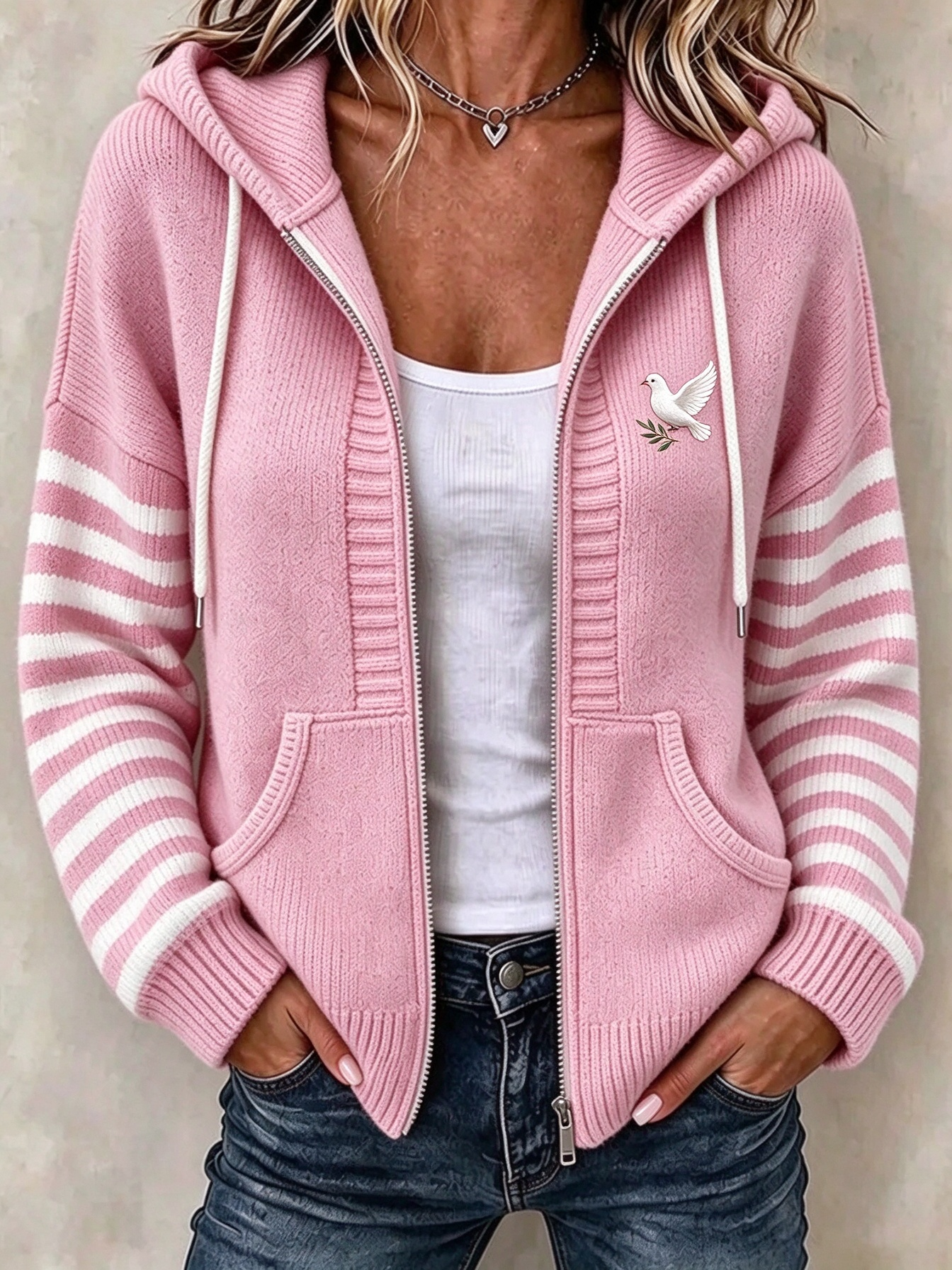 Women Striped Long Sleeve Hoodie Casual Spring/Fall Jacket