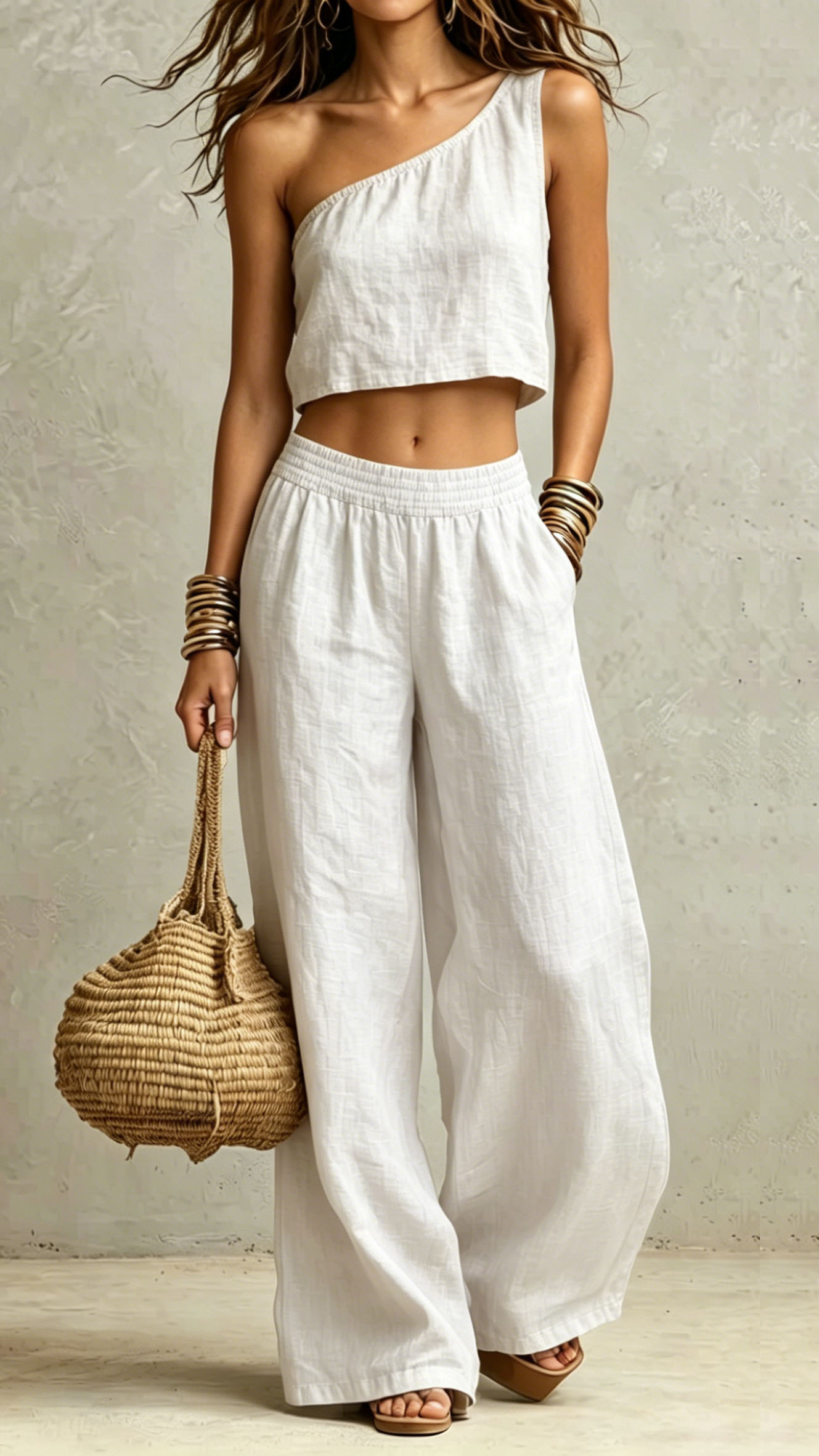 One Shoulder Sleeveless Crop Tank & Elastic High Waist Wide Leg Pocket Pants Two Piece Matching Set