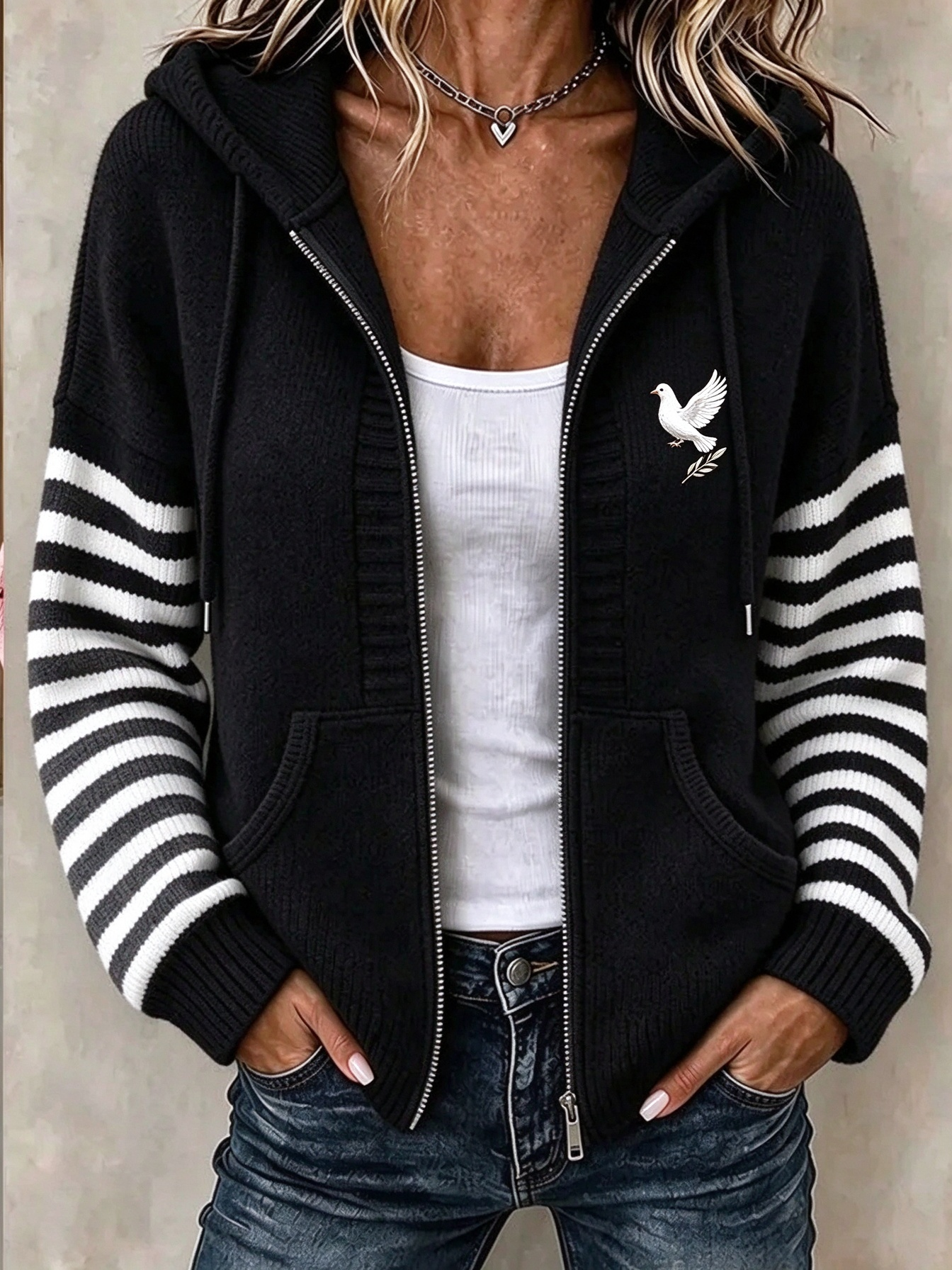 Women Striped Long Sleeve Hoodie Casual Spring/Fall Jacket