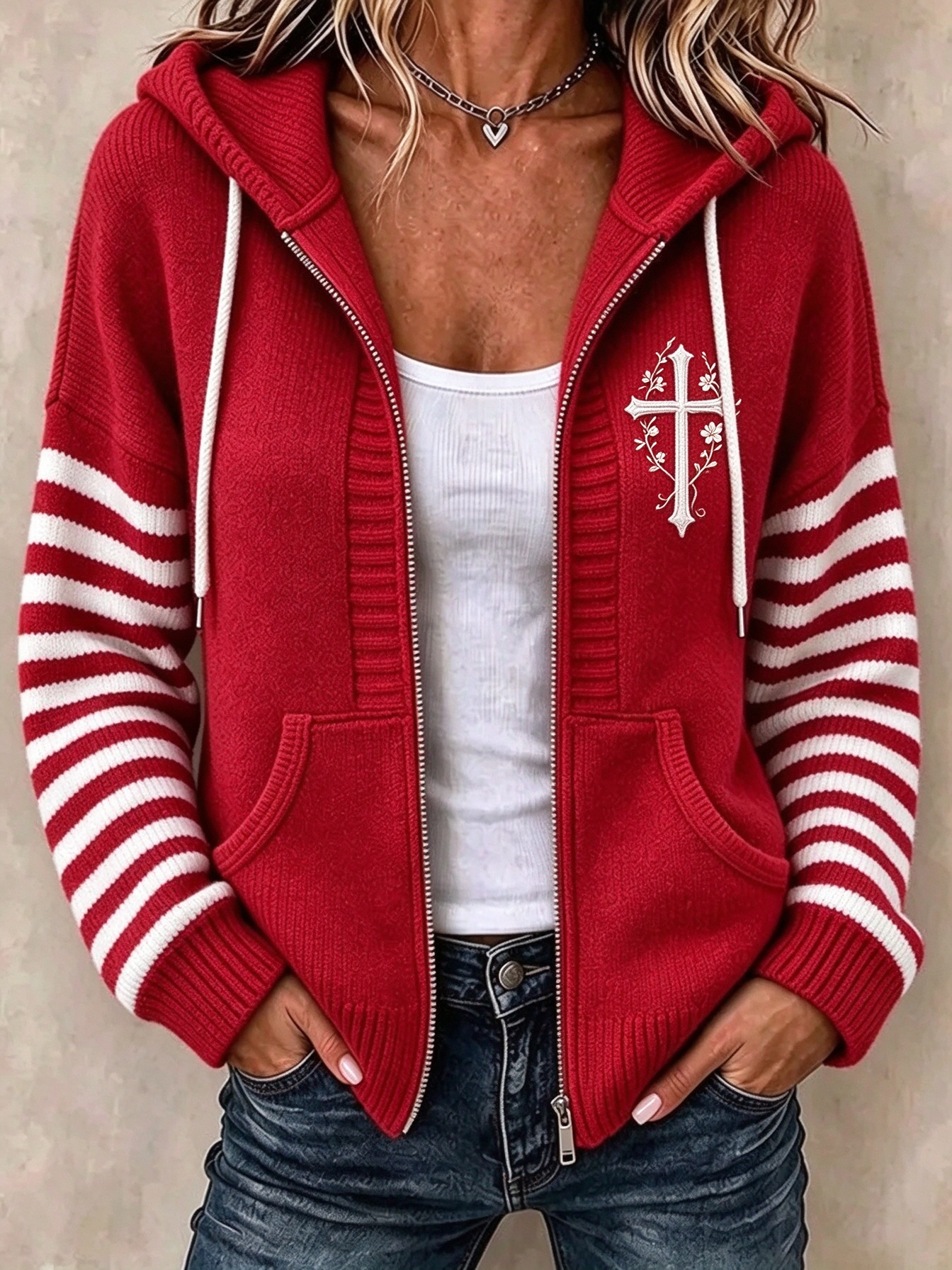 Women Striped Long Sleeve Hoodie Casual Spring/Fall Jacket
