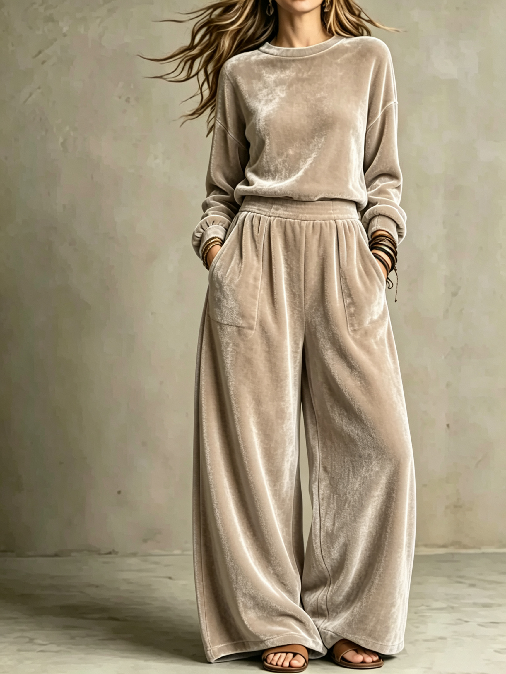 2-Piece Velour Co-Ord Set | Oversized Crew Neck Long Sleeve Top & High Waist Wide Leg Pants Loungewear Outfit