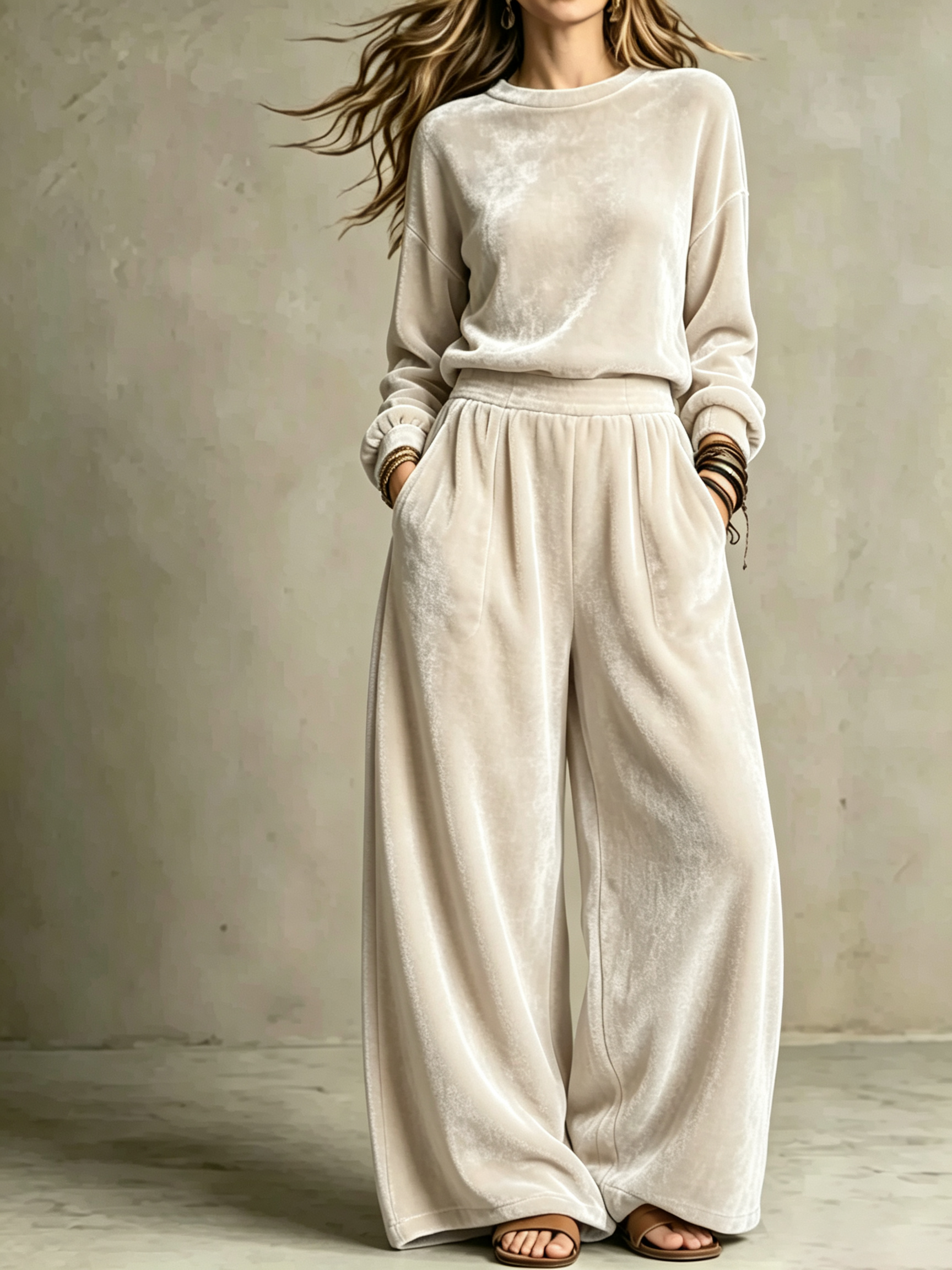 2-Piece Velour Co-Ord Set | Oversized Crew Neck Long Sleeve Top & High Waist Wide Leg Pants Loungewear Outfit