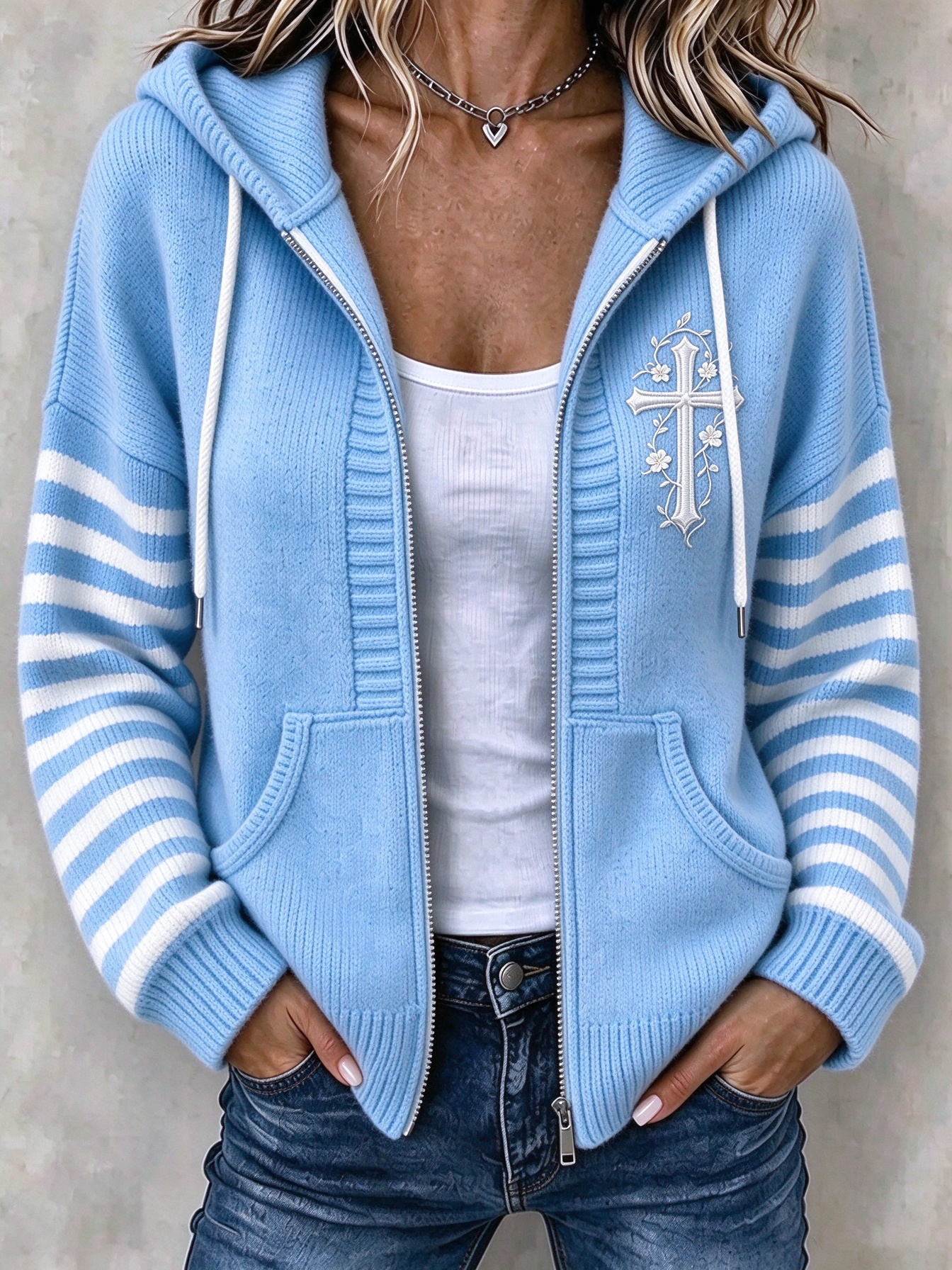 Women Striped Long Sleeve Hoodie Casual Spring/Fall Jacket