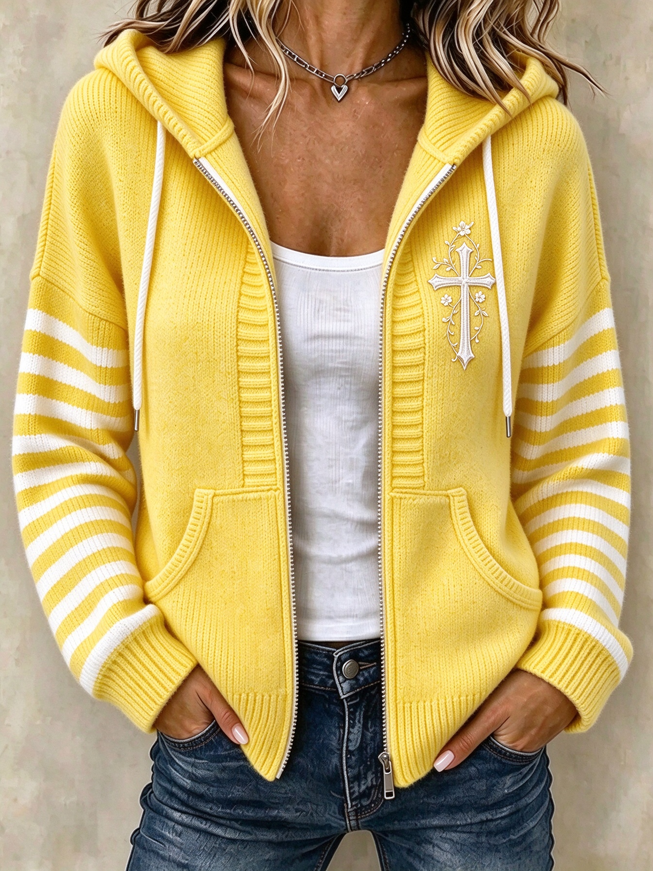 Women Striped Long Sleeve Hoodie Casual Spring/Fall Jacket