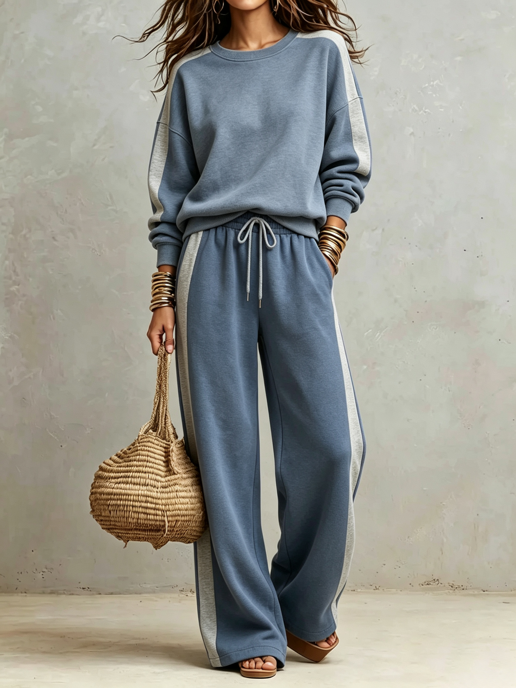 Side‑Stripe Crew Neck Wide‑Leg Sweatpant Two‑Piece Tracksuit Set