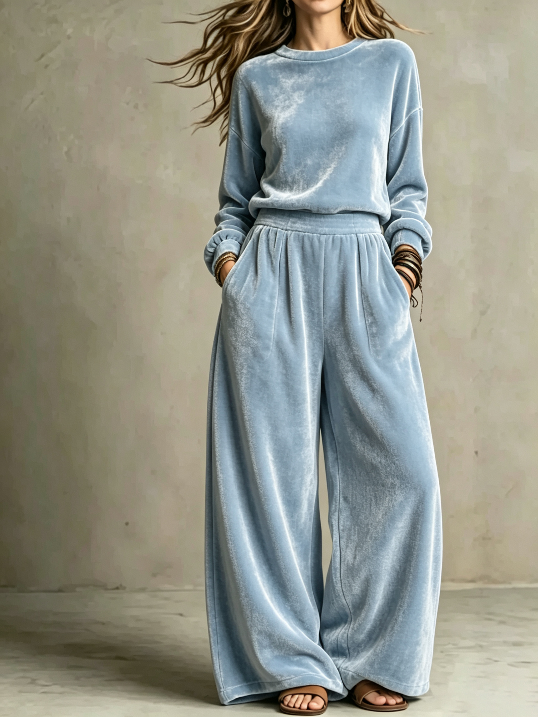 2-Piece Velour Co-Ord Set | Oversized Crew Neck Long Sleeve Top & High Waist Wide Leg Pants Loungewear Outfit