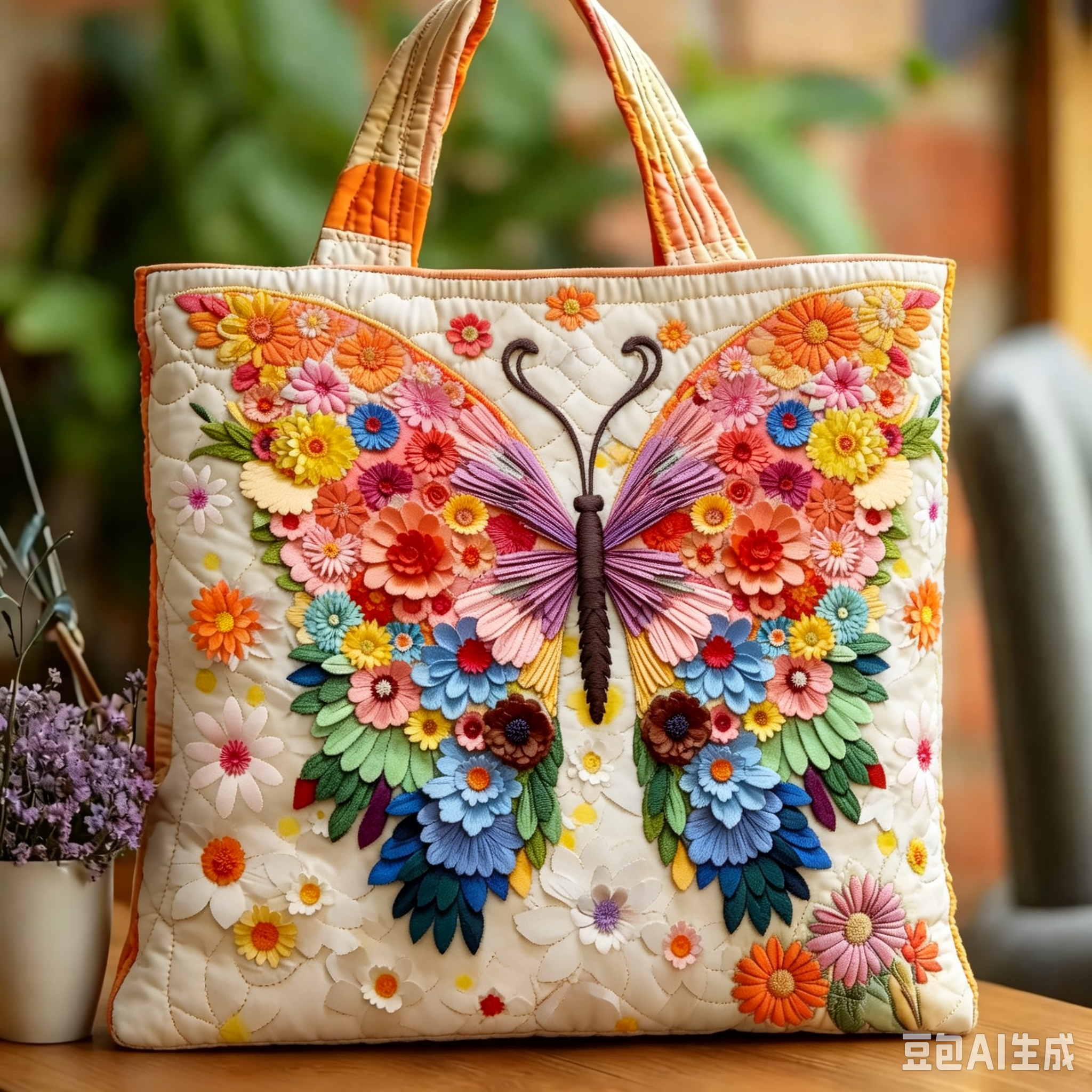 Handmade Colorful Floral Butterfly Embroidered Tote Bag