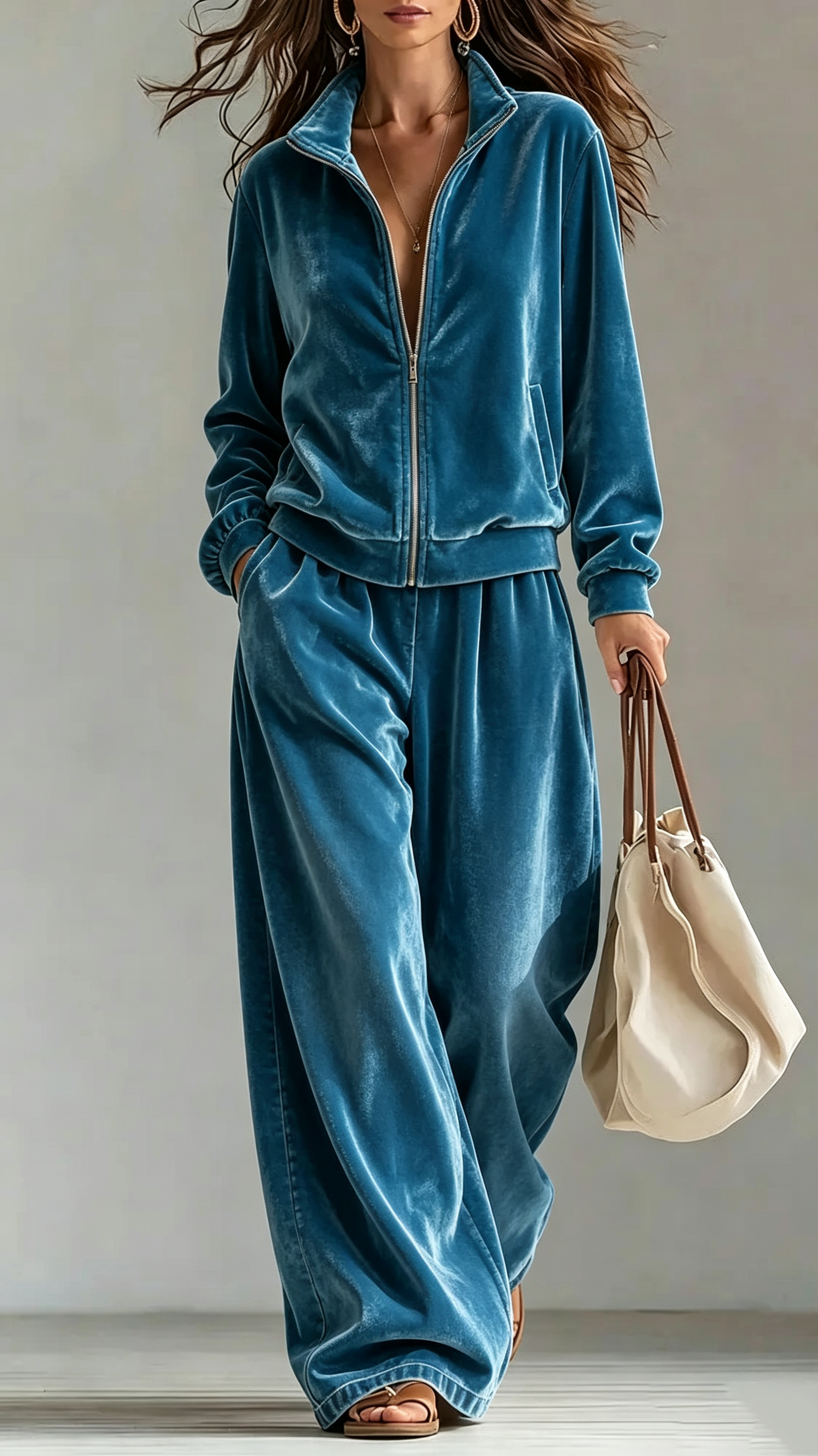 Velour Full‑Zip Stand‑Collar Wide‑Leg Tracksuit Two‑Piece Set