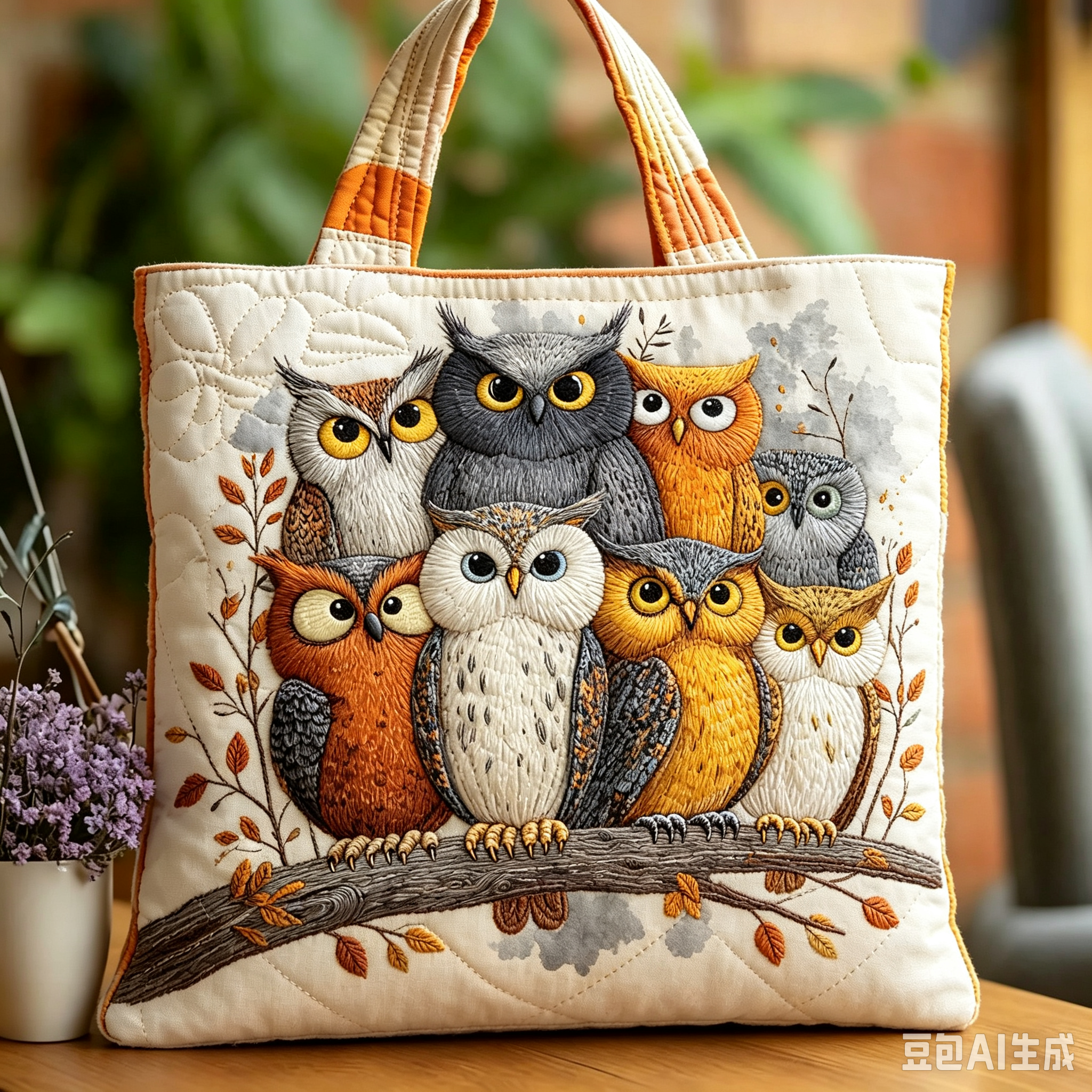 Handmade Cute Owl Family Branch Scene Quilted Tote