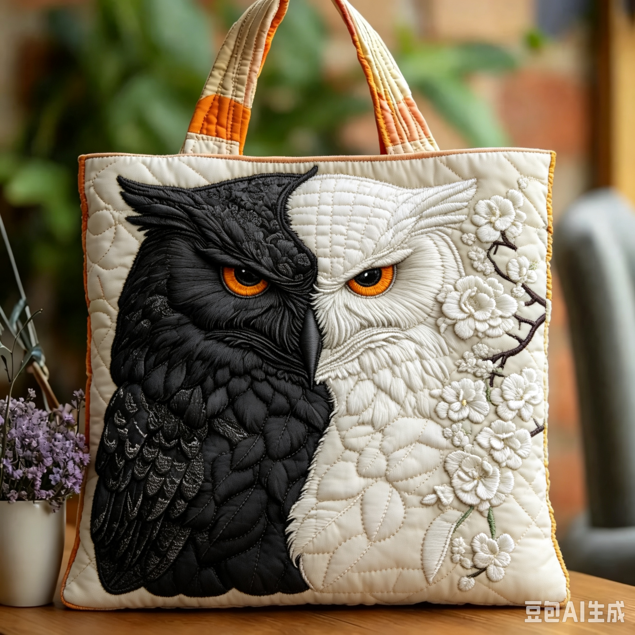 Handmade Black‑White Contrast Owl Embroidered Tote Bag