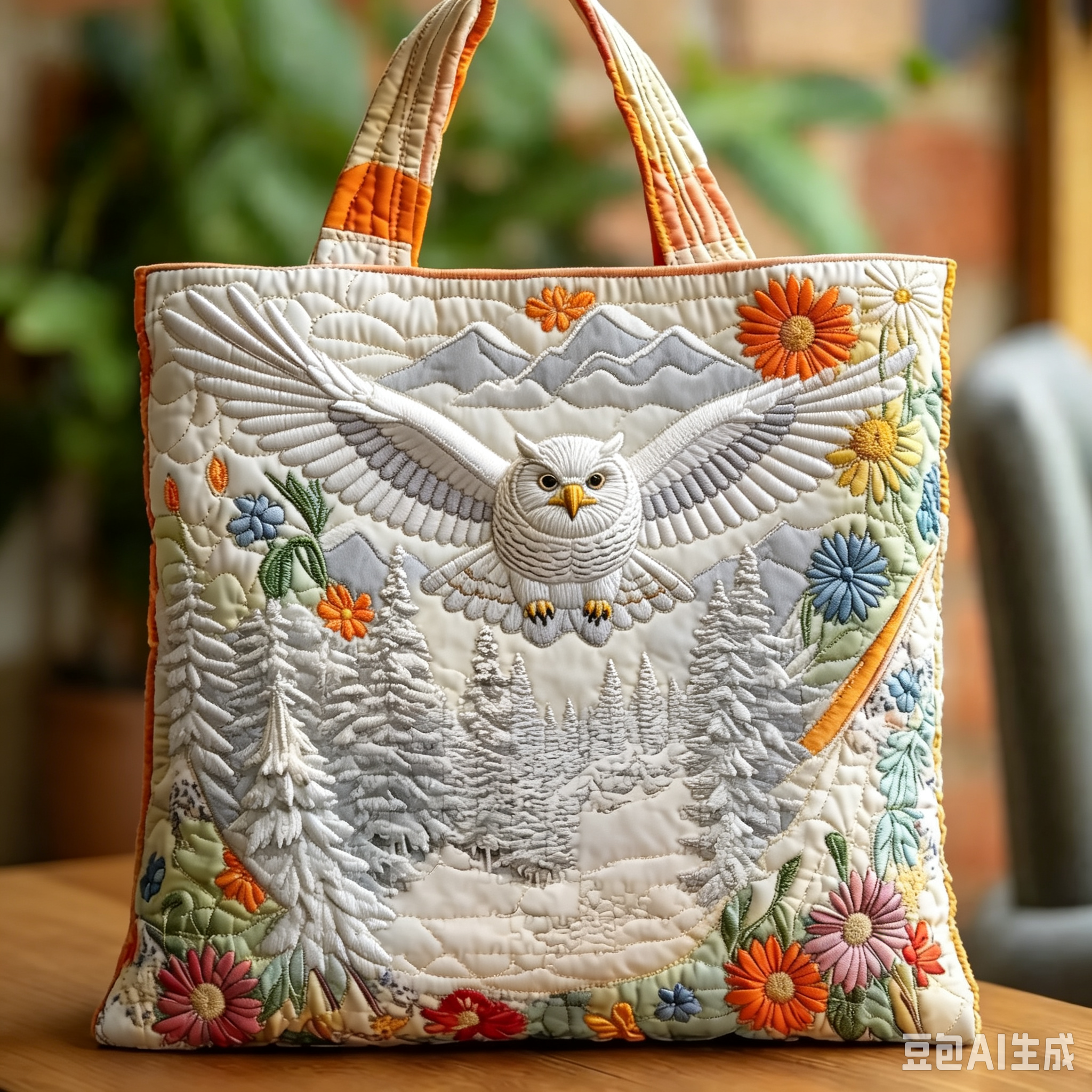 Handmade Snowy Owl Winter Forest Quilted Tote Bag