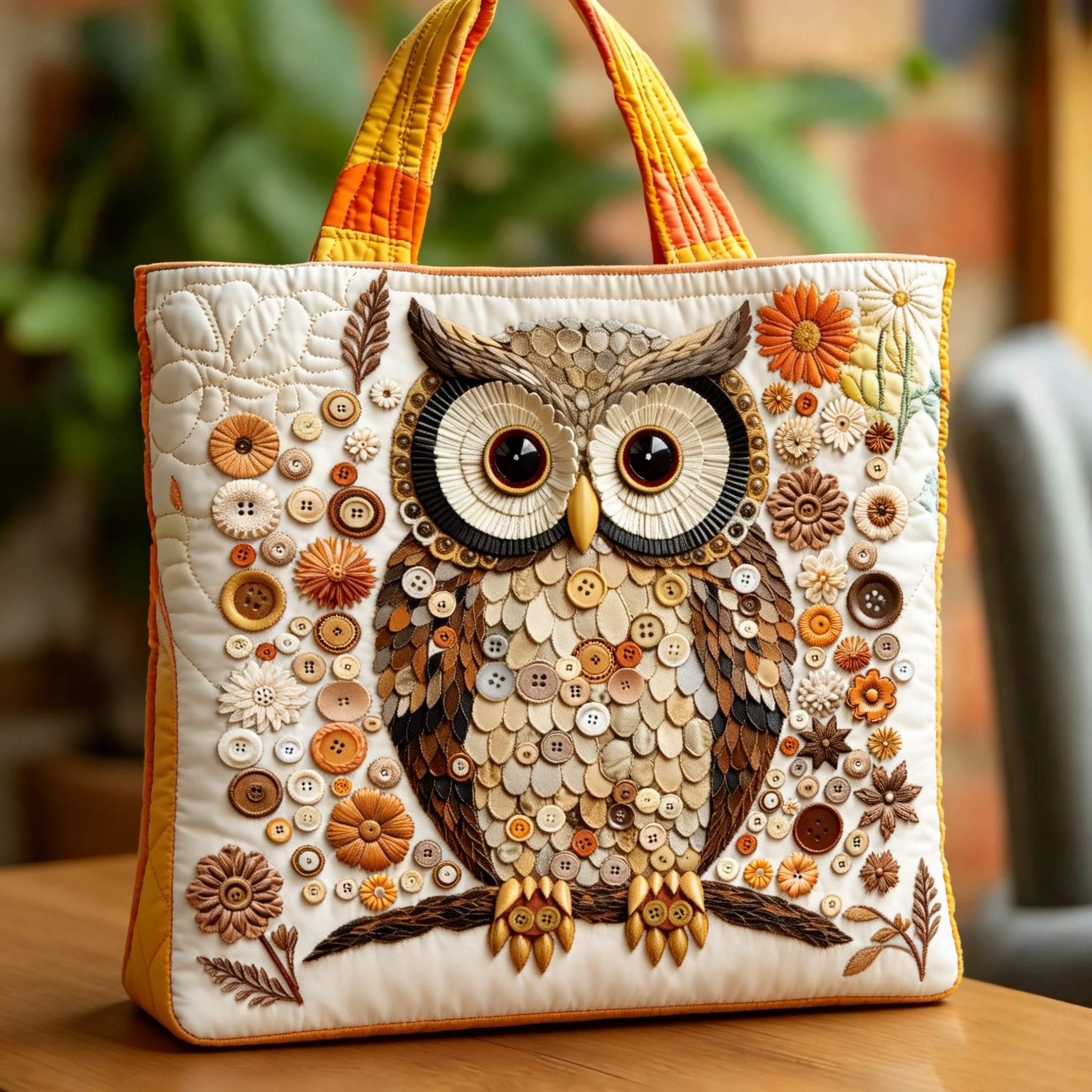 Handmade Button‑Art Owl Floral Quilted Tote Bag