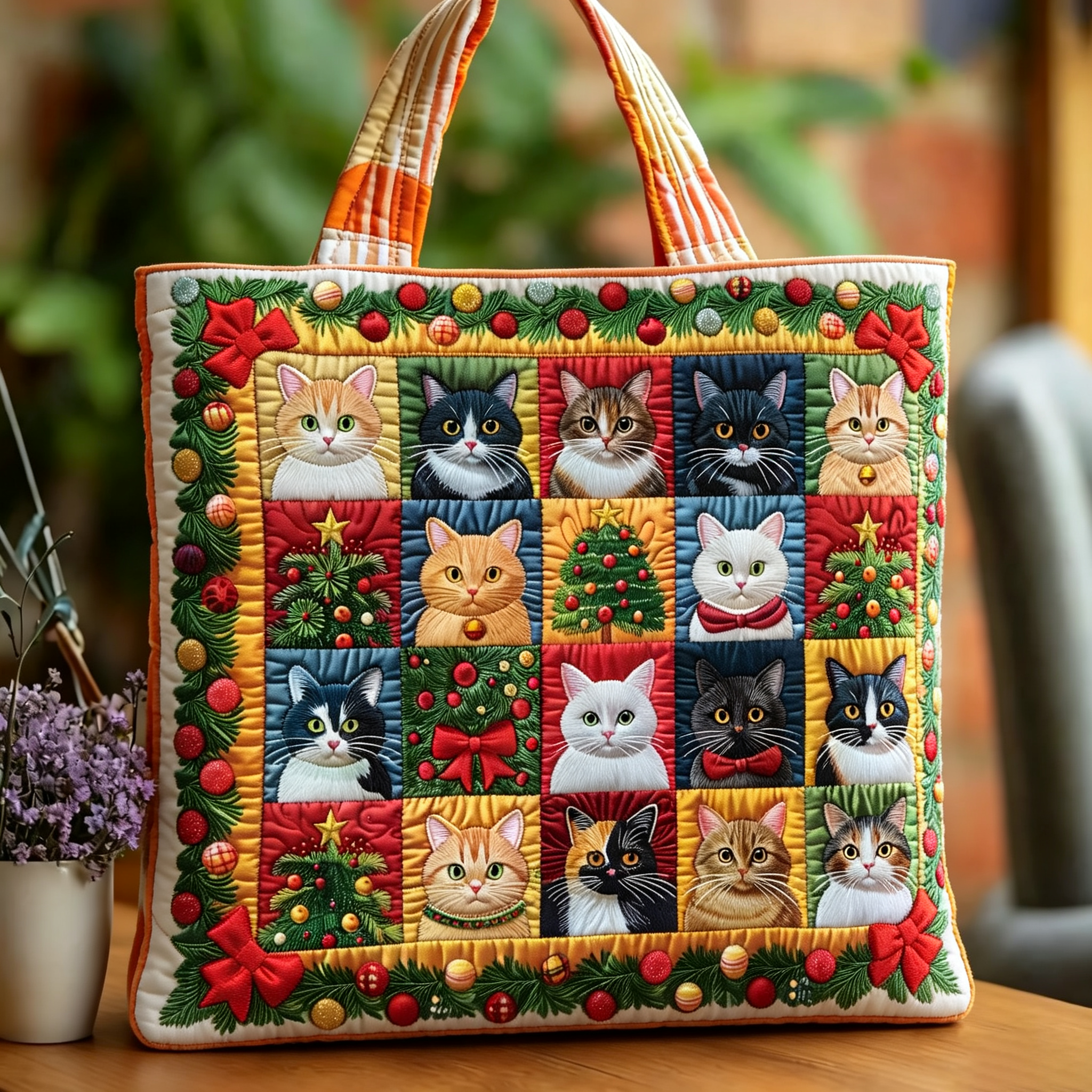 Handmade Christmas Cat Patchwork Holiday Quilted Tote Bag