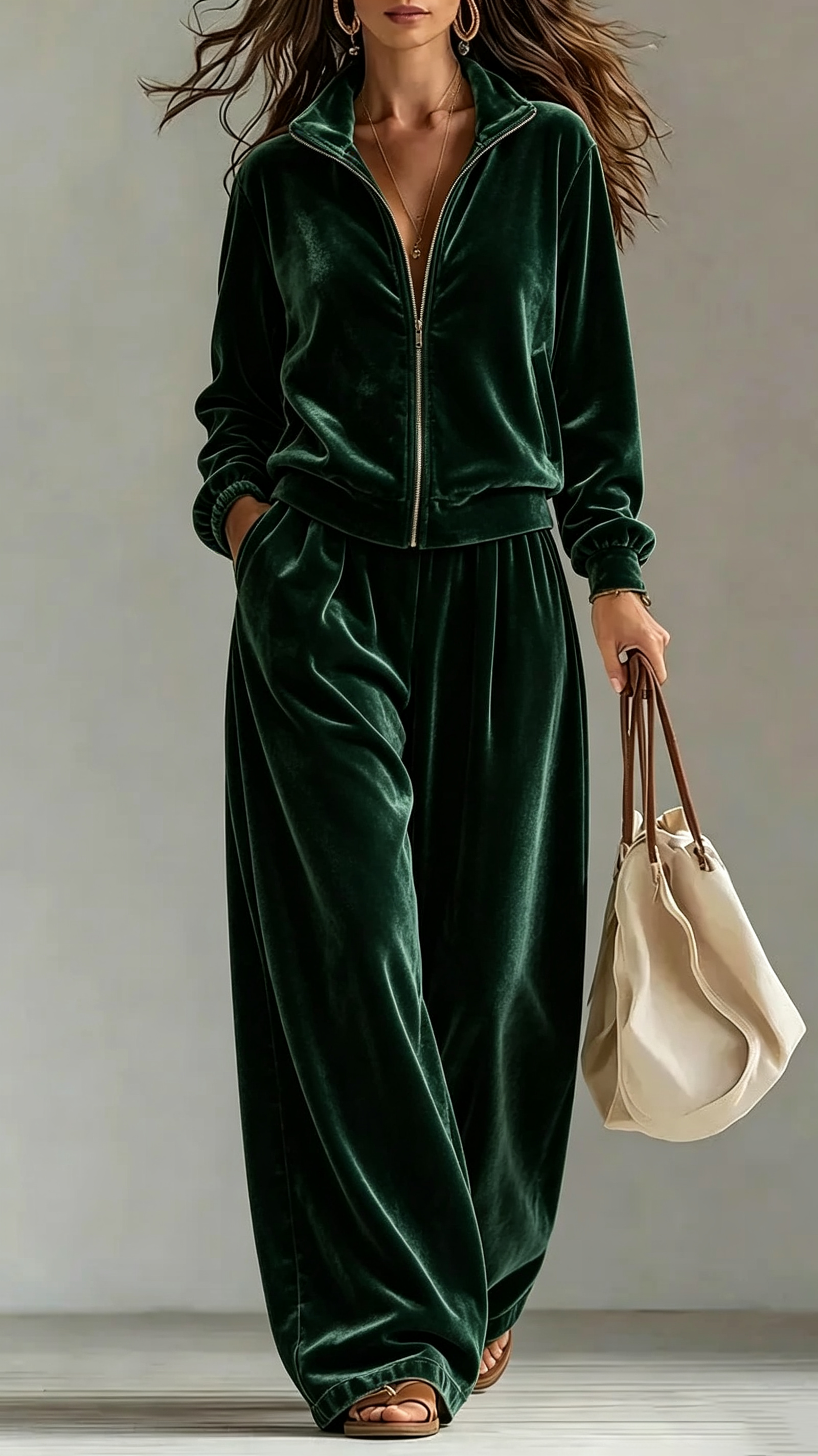 Velour Full‑Zip Stand‑Collar Wide‑Leg Tracksuit Two‑Piece Set