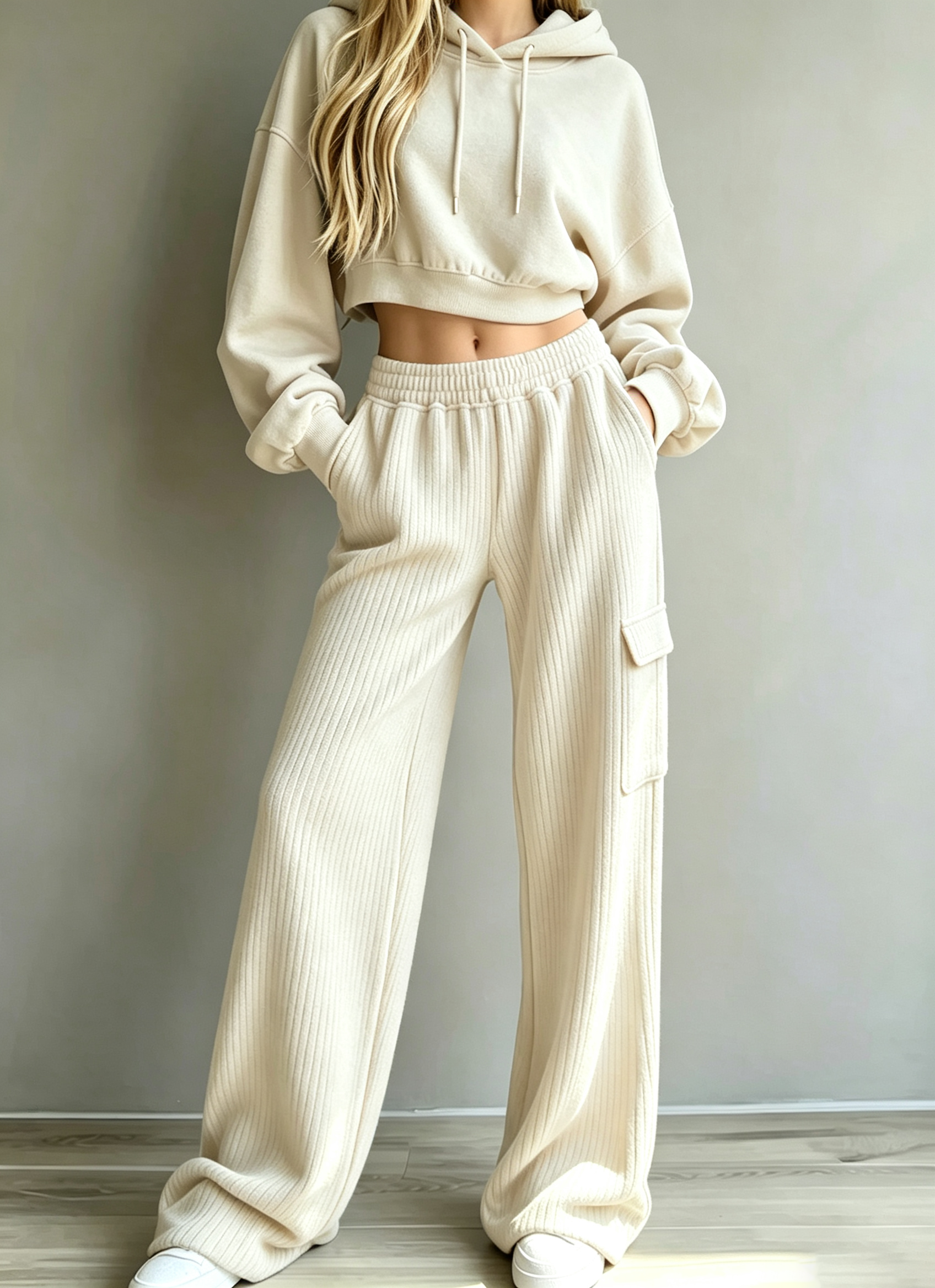 Cropped Hoodie & Ribbed Cargo Wide‑Leg Pants Two‑Piece Set