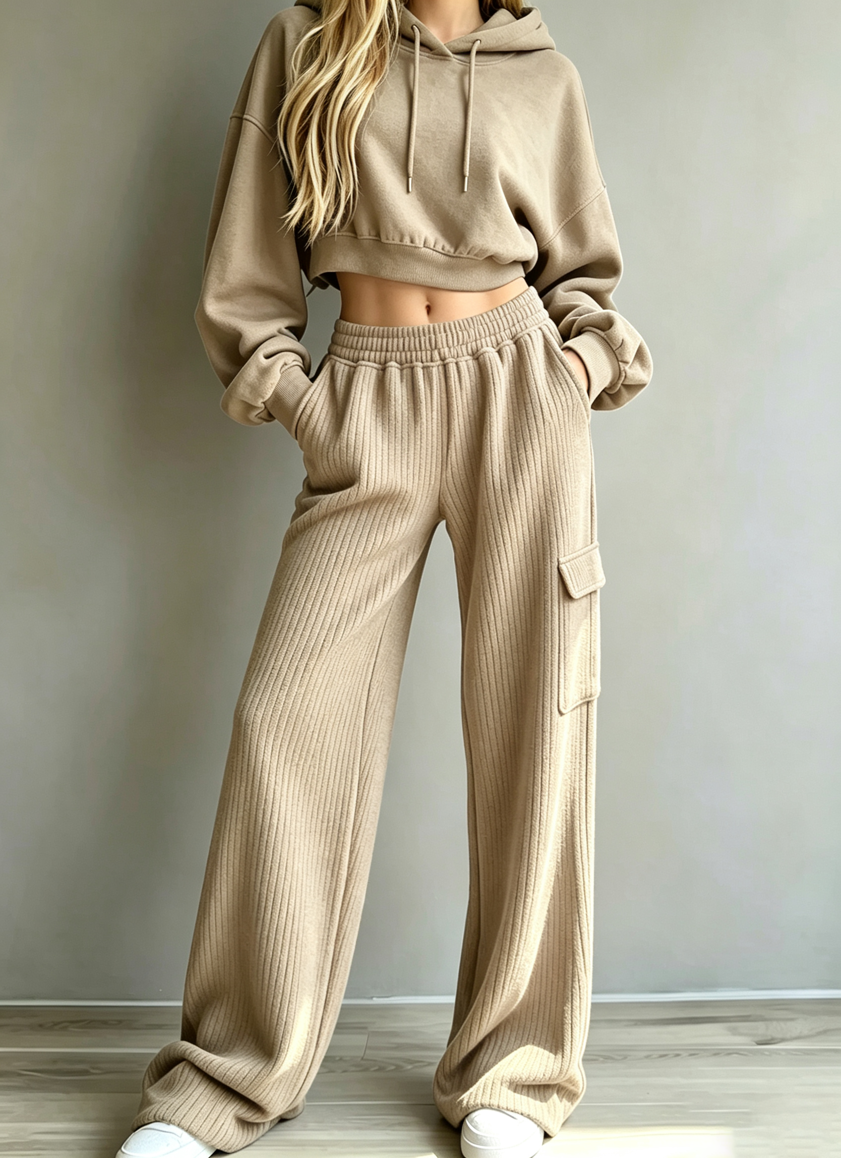 Cropped Hoodie & Ribbed Cargo Wide‑Leg Pants Two‑Piece Set