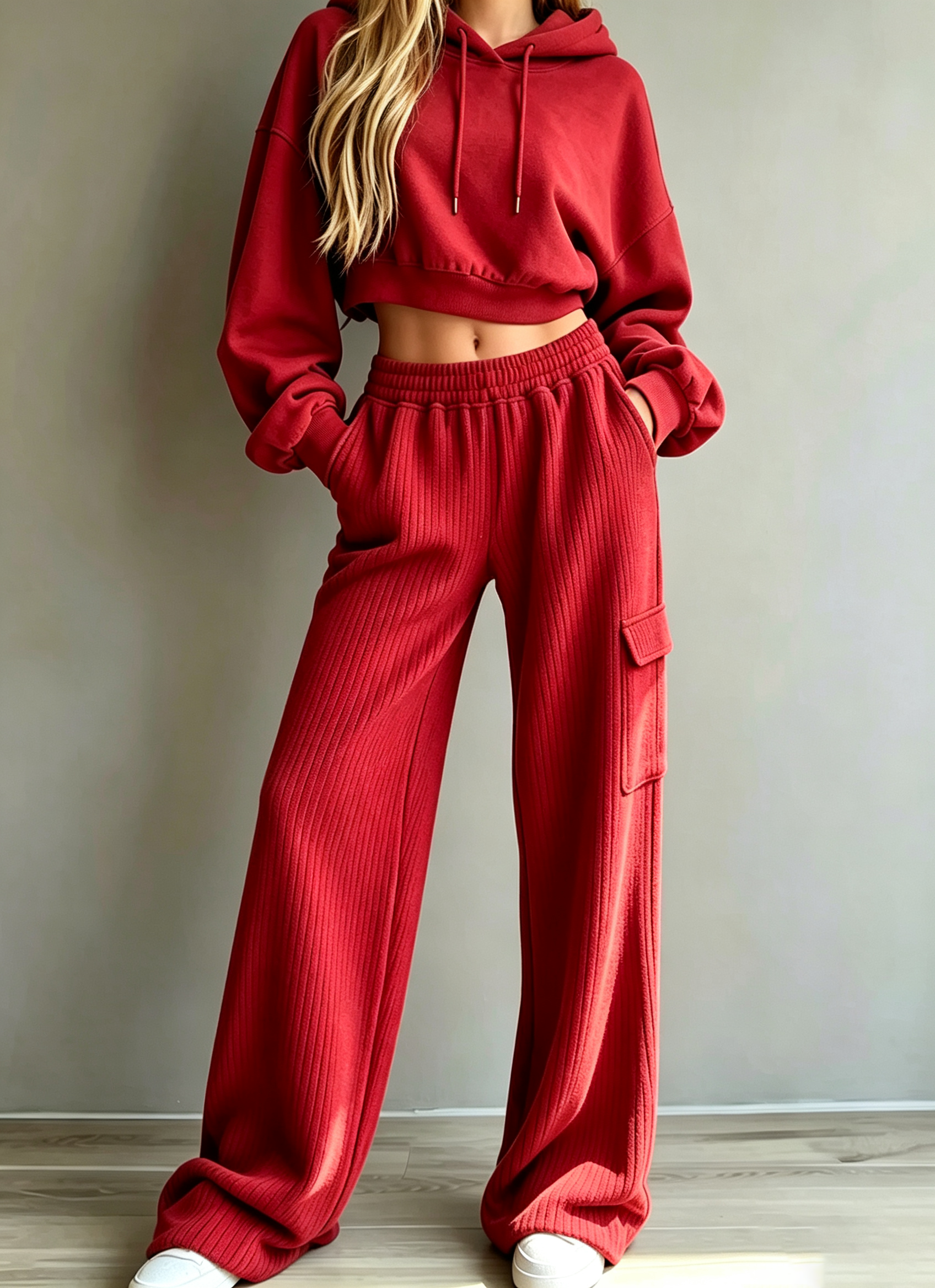 Cropped Hoodie & Ribbed Cargo Wide‑Leg Pants Two‑Piece Set