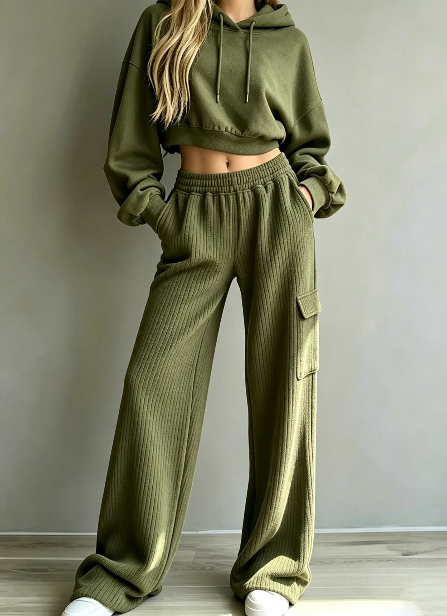 Cropped Hoodie & Ribbed Cargo Wide‑Leg Pants Two‑Piece Set
