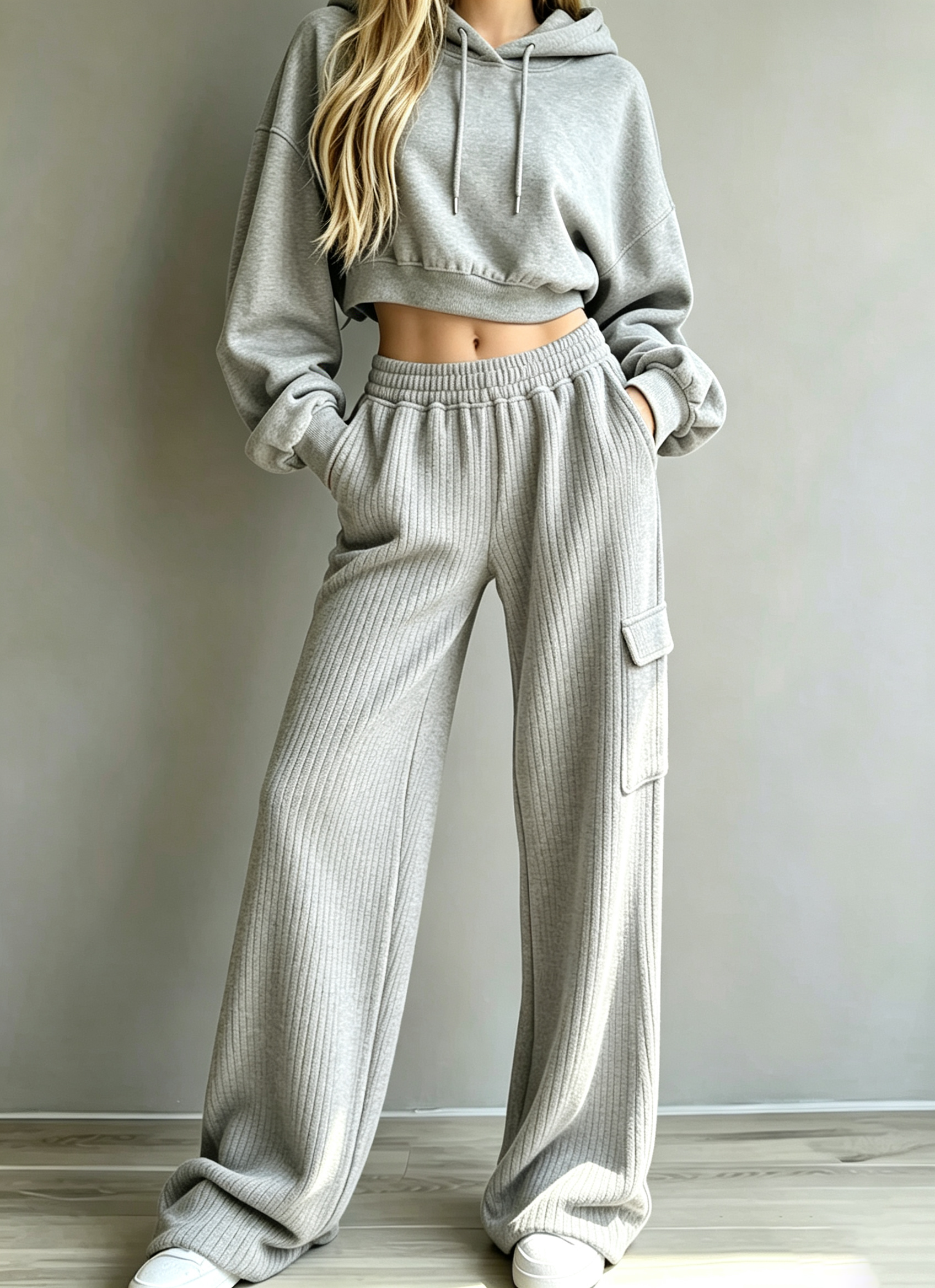 Cropped Hoodie & Ribbed Cargo Wide‑Leg Pants Two‑Piece Set