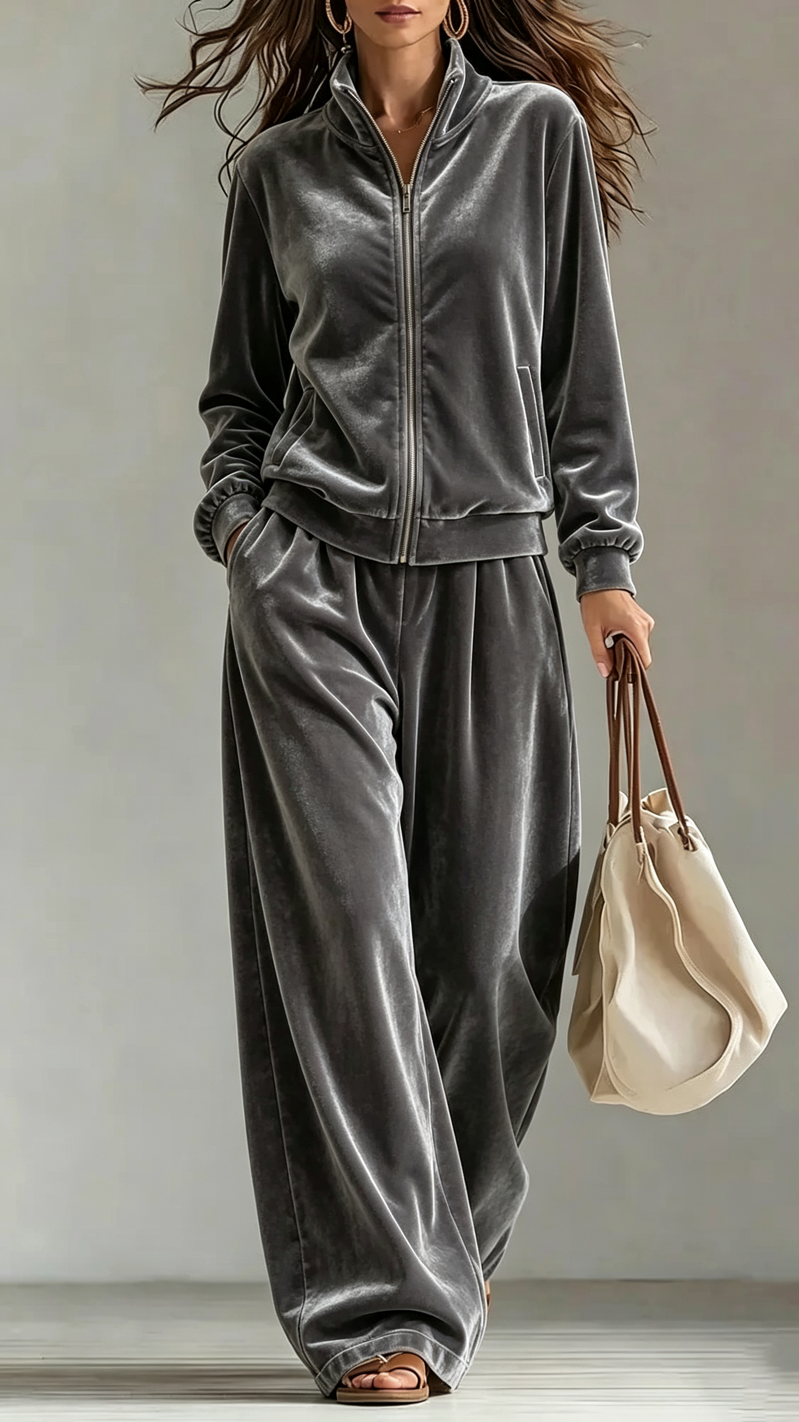 Velour Full‑Zip Stand‑Collar Wide‑Leg Tracksuit Two‑Piece Set