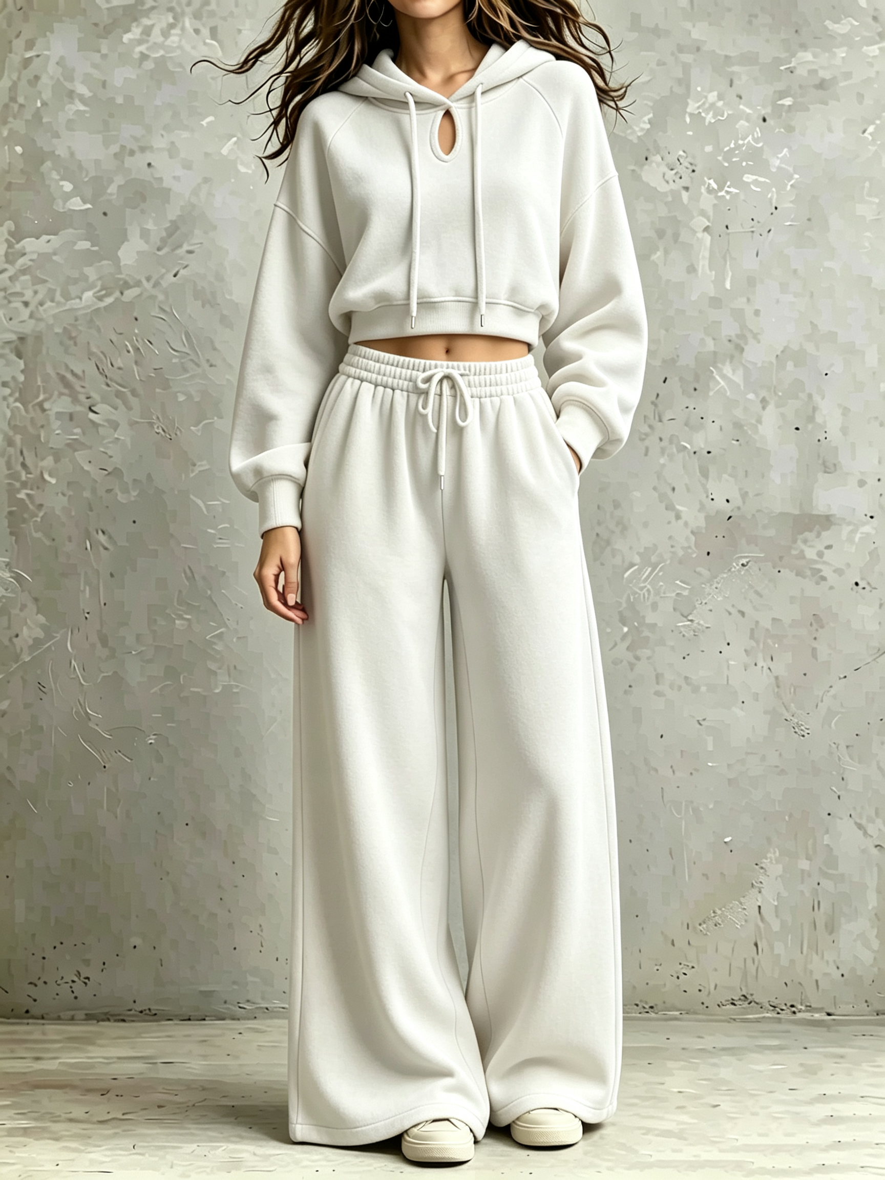 Keyhole‑Neck Cropped Hoodie & Drawstring Wide‑Leg Sweatpant Two‑Piece Set