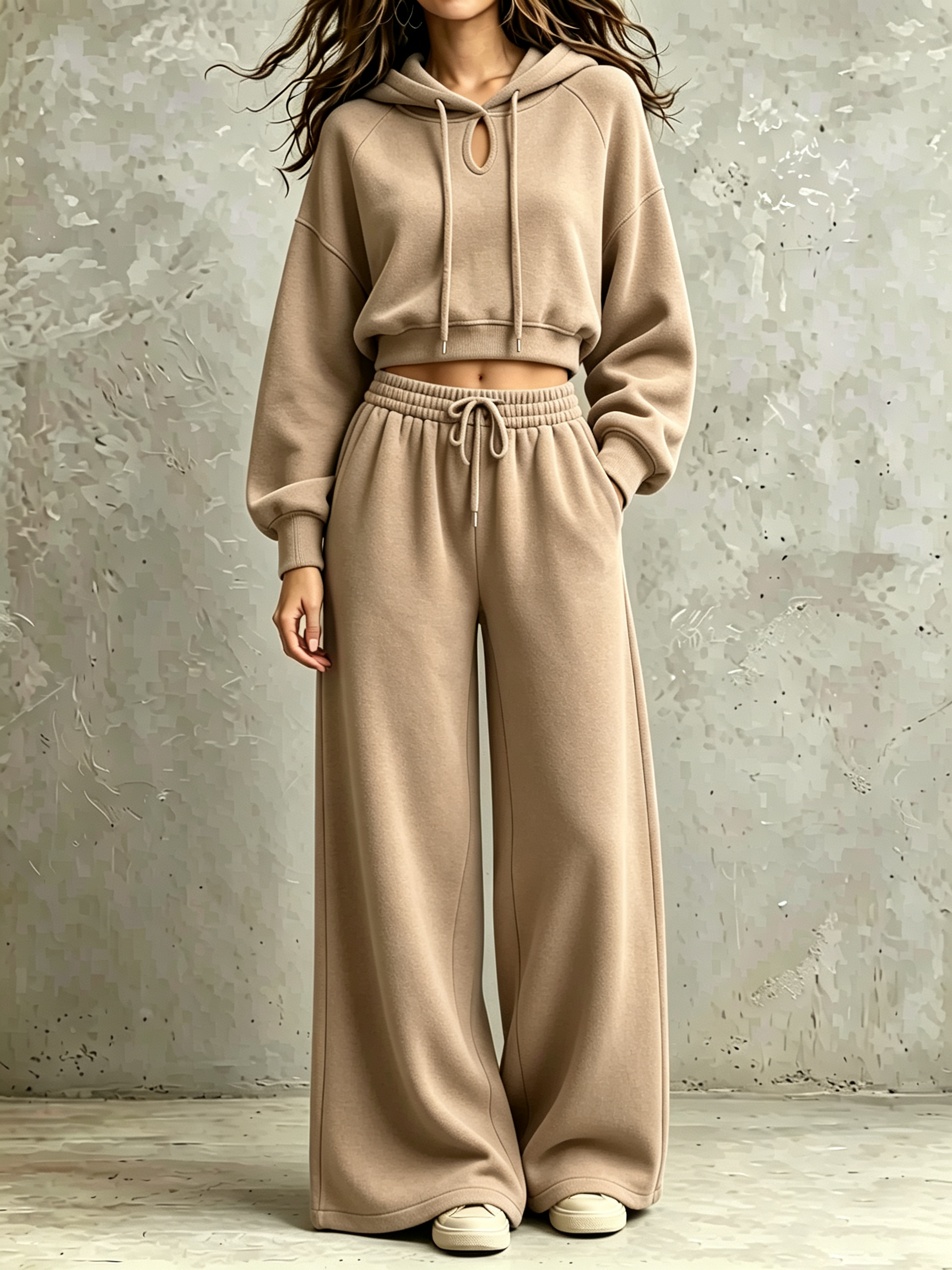 Keyhole‑Neck Cropped Hoodie & Drawstring Wide‑Leg Sweatpant Two‑Piece Set