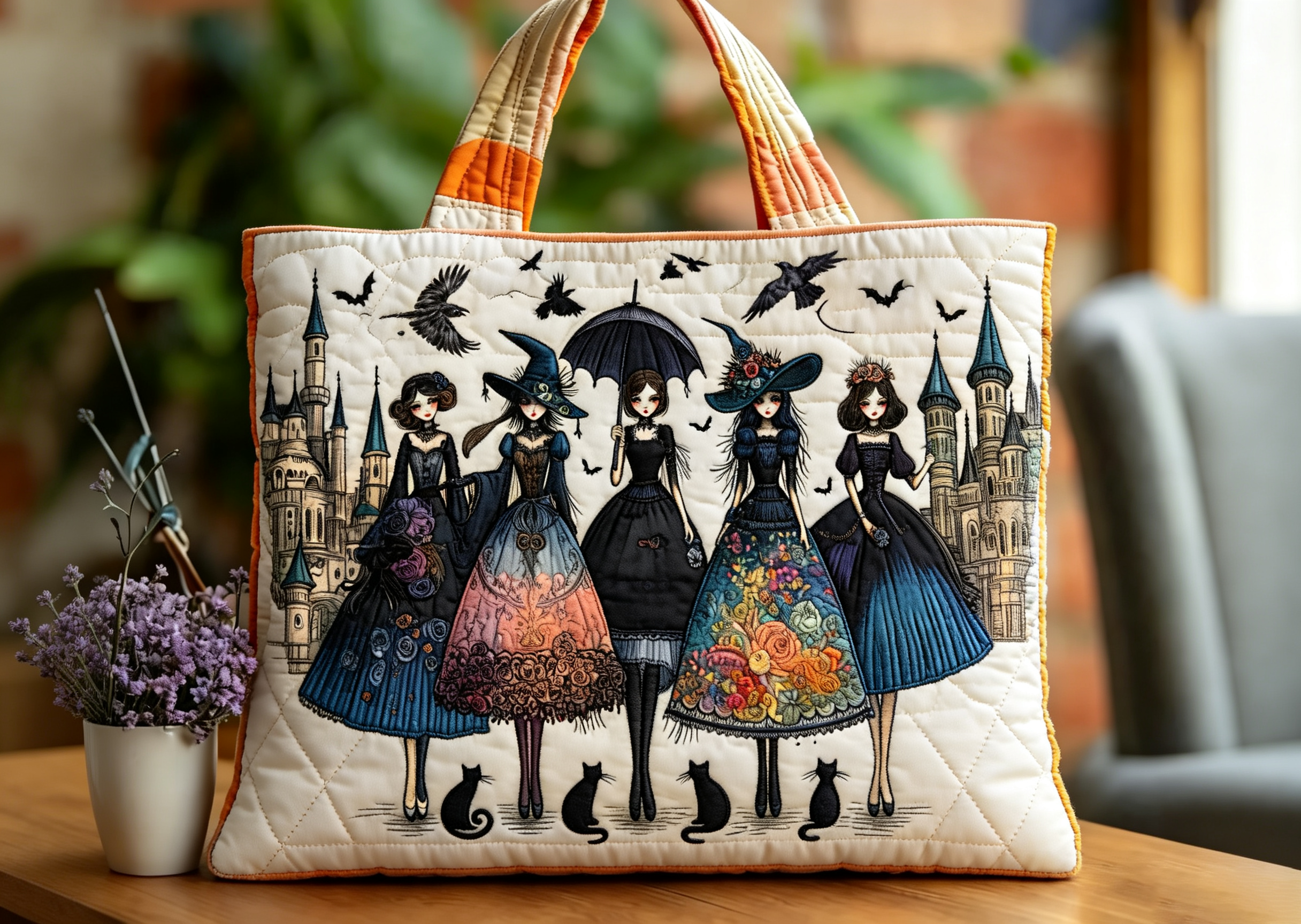 Handmade Gothic Witch Ladies Castle Scene Quilted Tote Bag