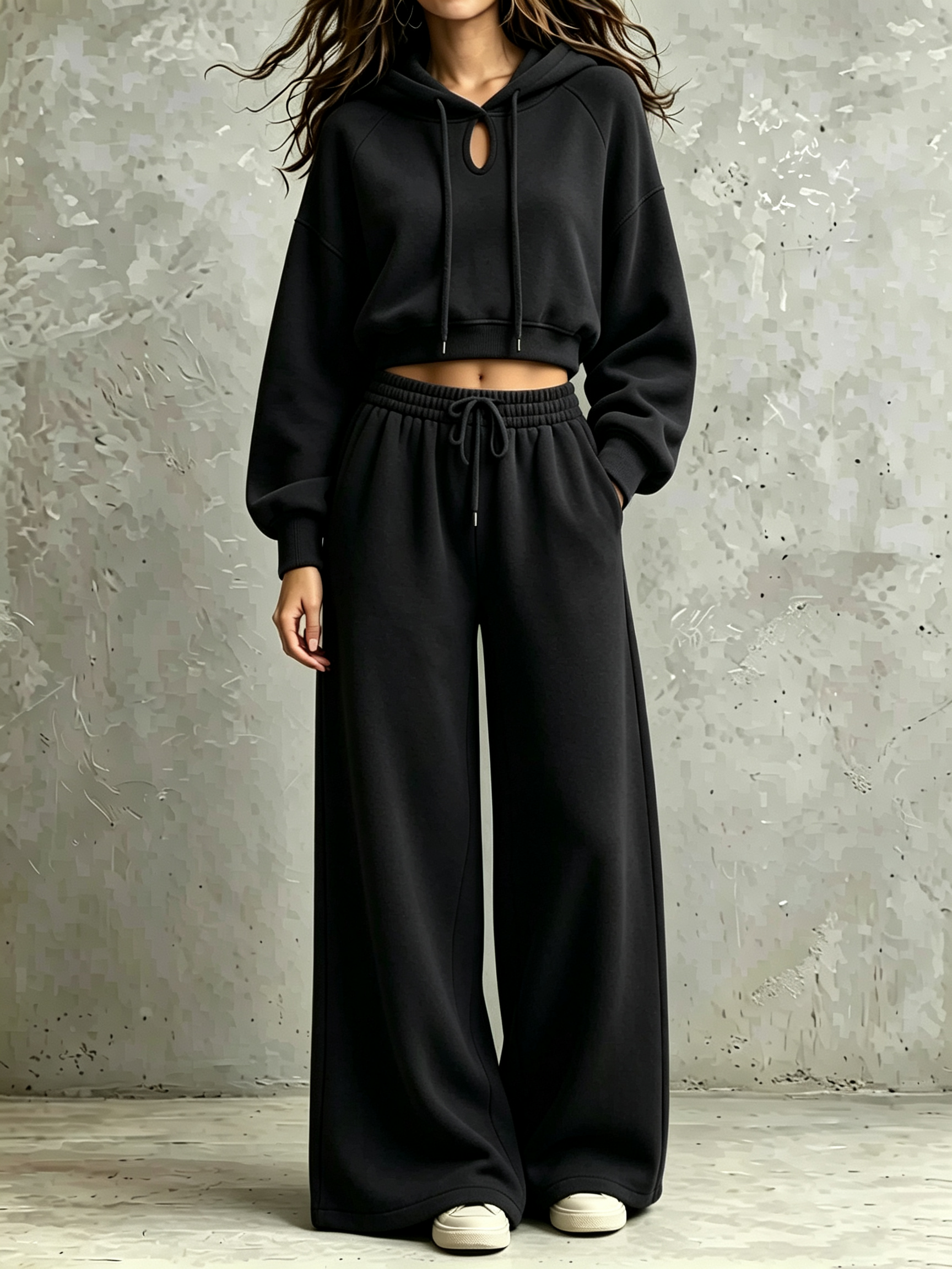 Keyhole‑Neck Cropped Hoodie & Drawstring Wide‑Leg Sweatpant Two‑Piece Set