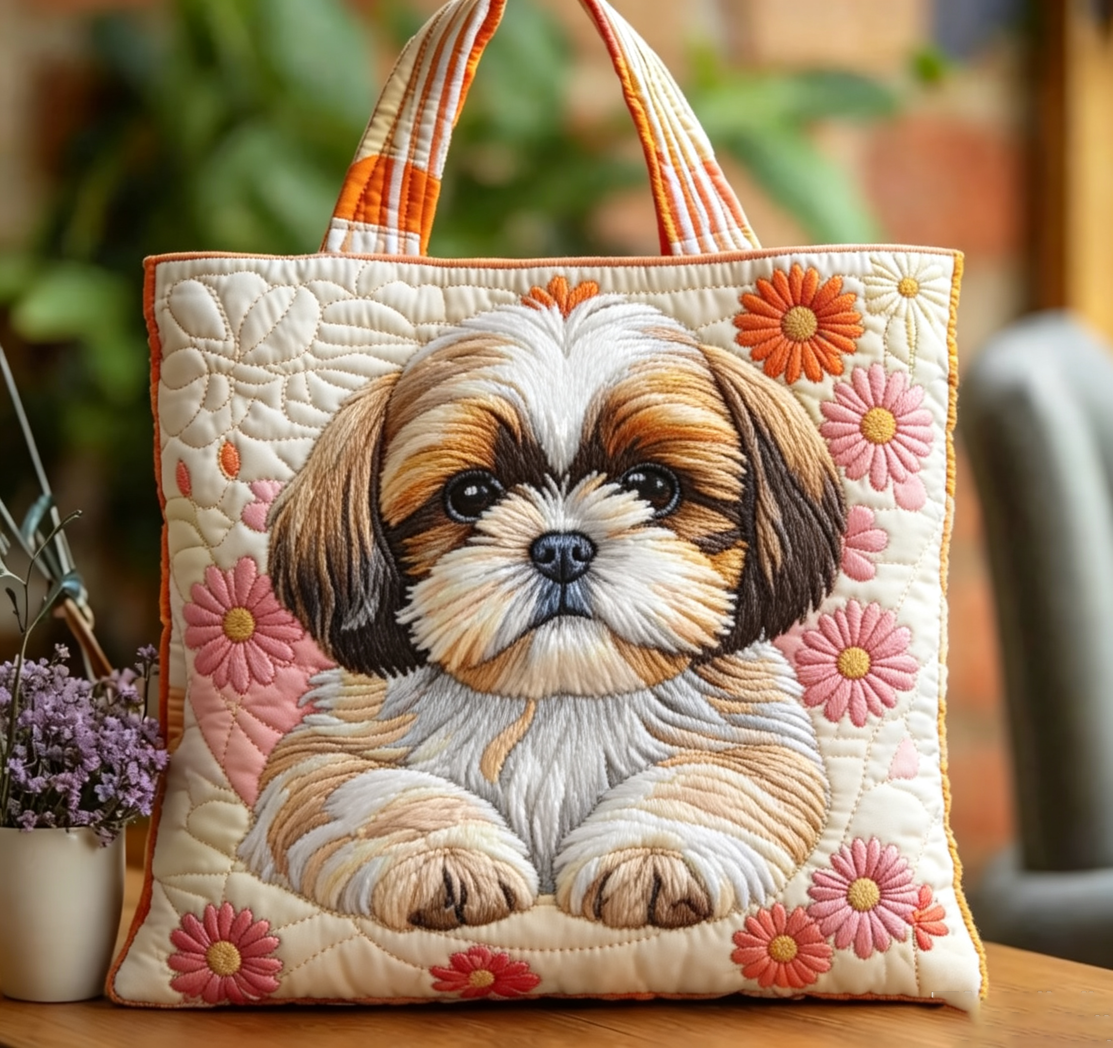 Handmade Adorable Shih Tzu Dog Floral Quilted Tote Bag