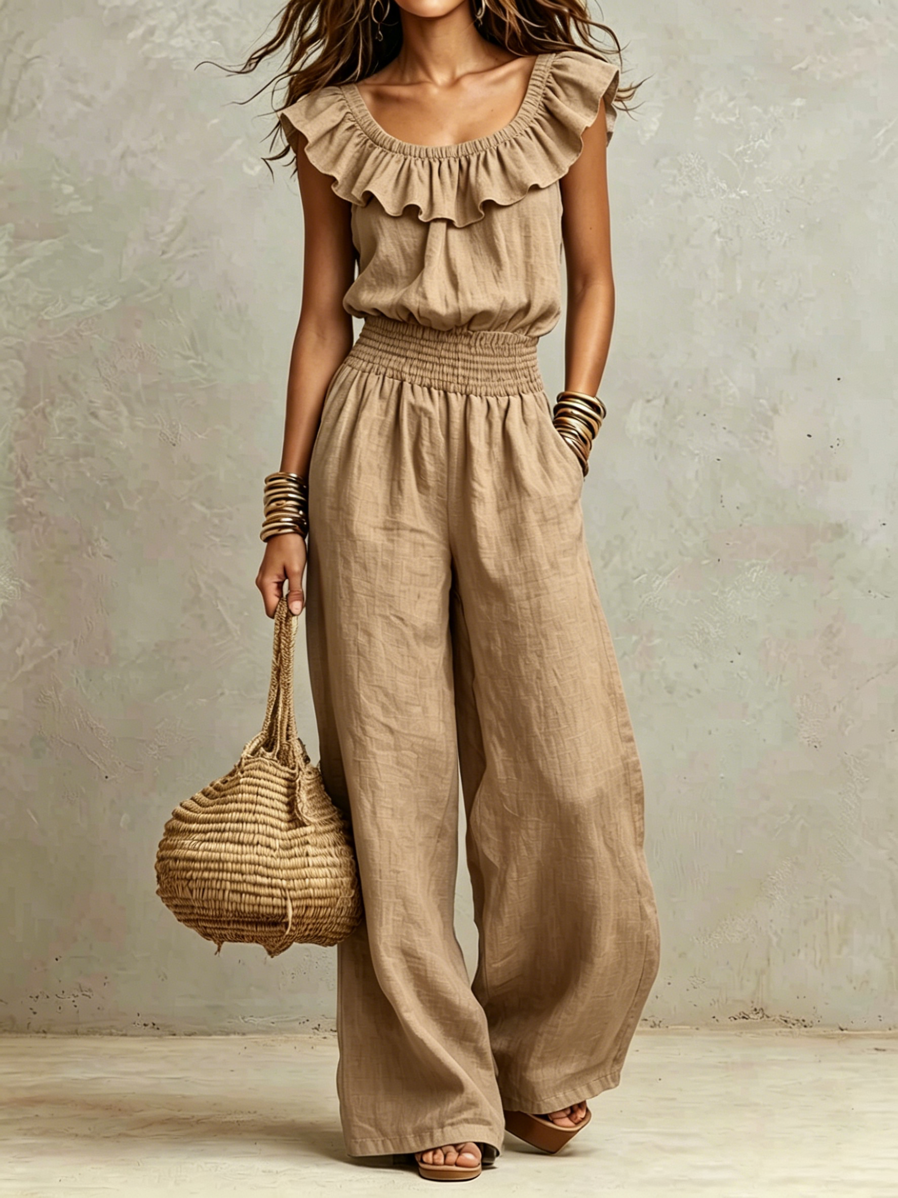 Ruffled Neck Smocked Waist Wide-Leg Jumpsuit