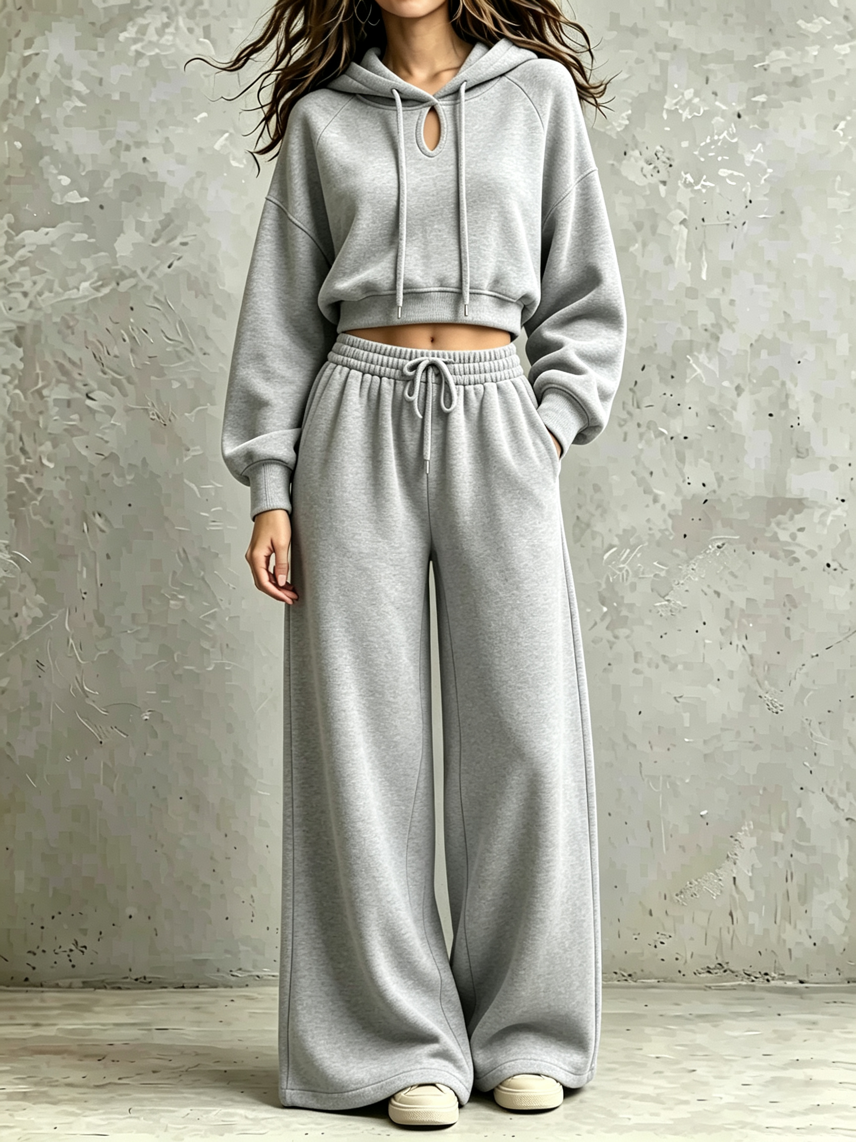 Keyhole‑Neck Cropped Hoodie & Drawstring Wide‑Leg Sweatpant Two‑Piece Set