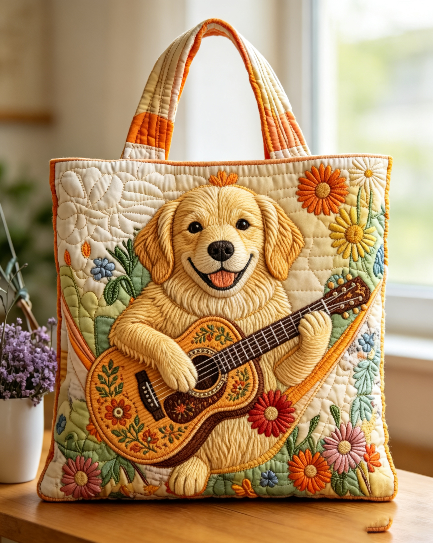 Handmade Golden Retriever Playing Guitar Quilted Tote Bag