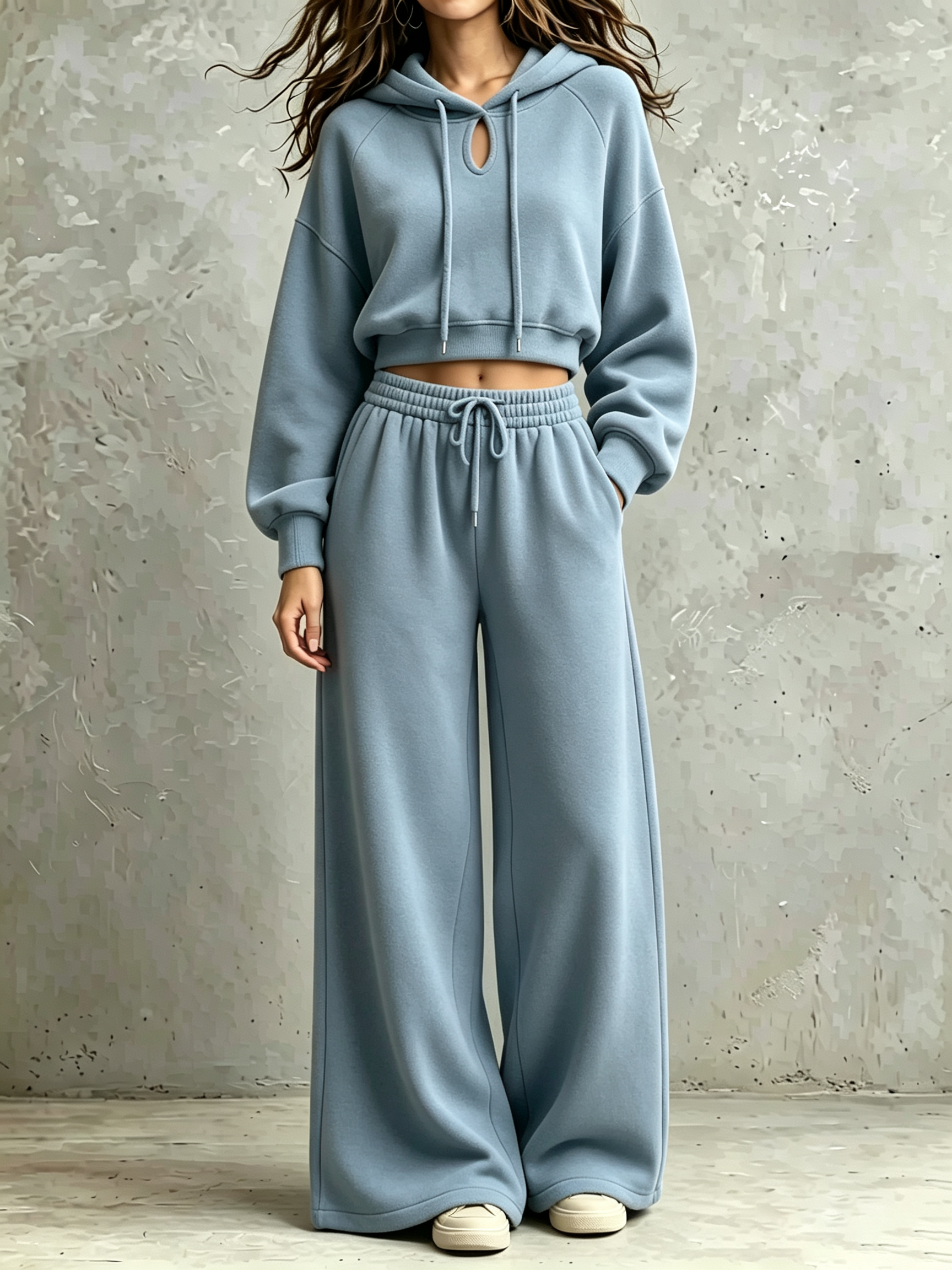 Keyhole‑Neck Cropped Hoodie & Drawstring Wide‑Leg Sweatpant Two‑Piece Set