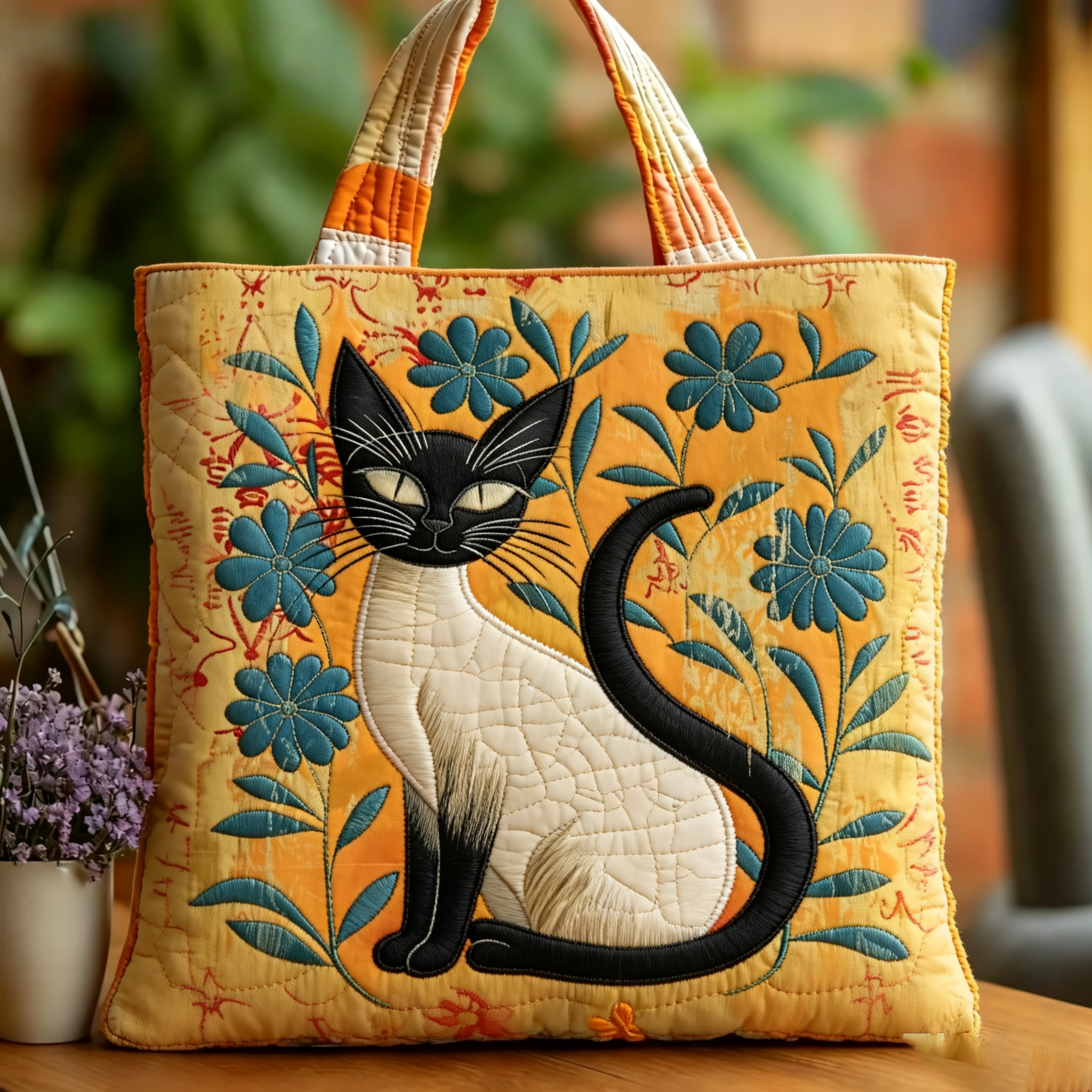 Handmade Retro Siamese Cat Floral Embroidered Quilted Tote