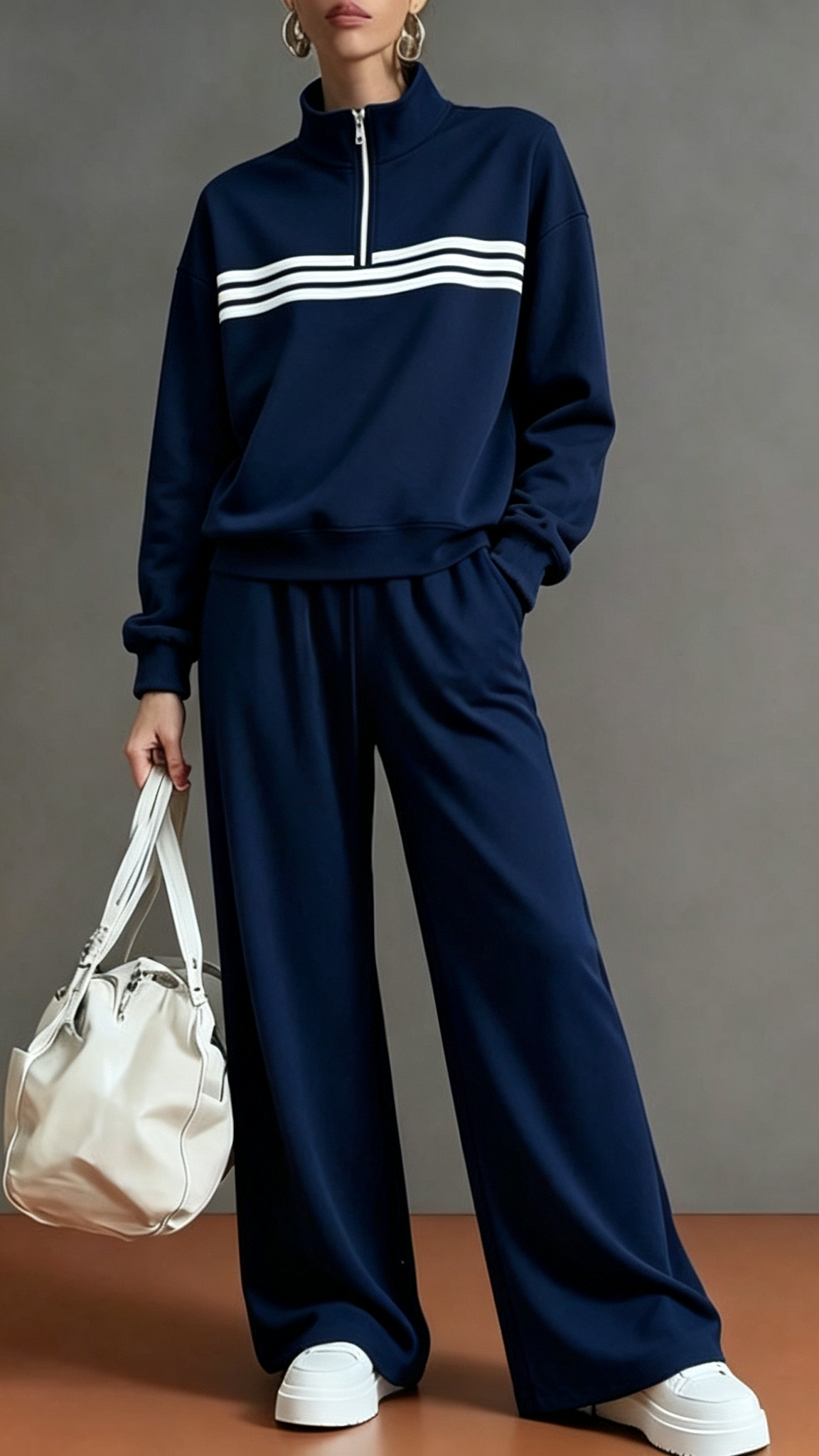 Half‑Zip Stand‑Collar Striped Sweatshirt & Wide‑Leg Two‑Piece Loungewear Set