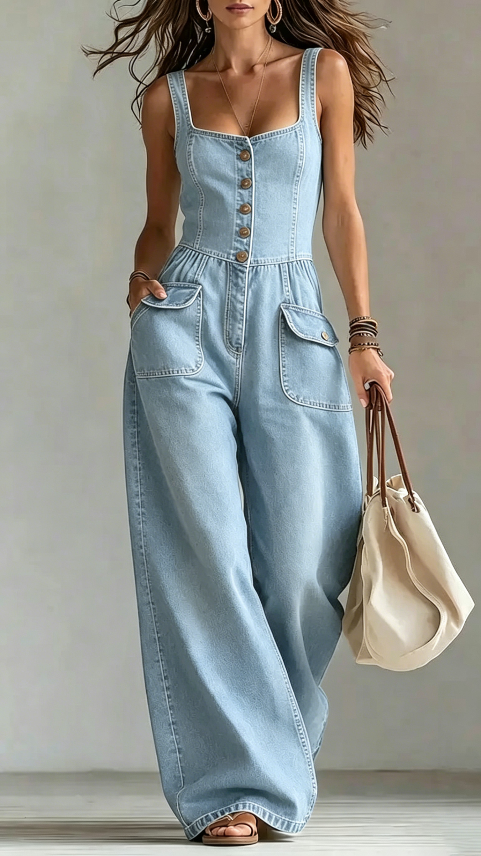Square Neck Denim Jumpsuit