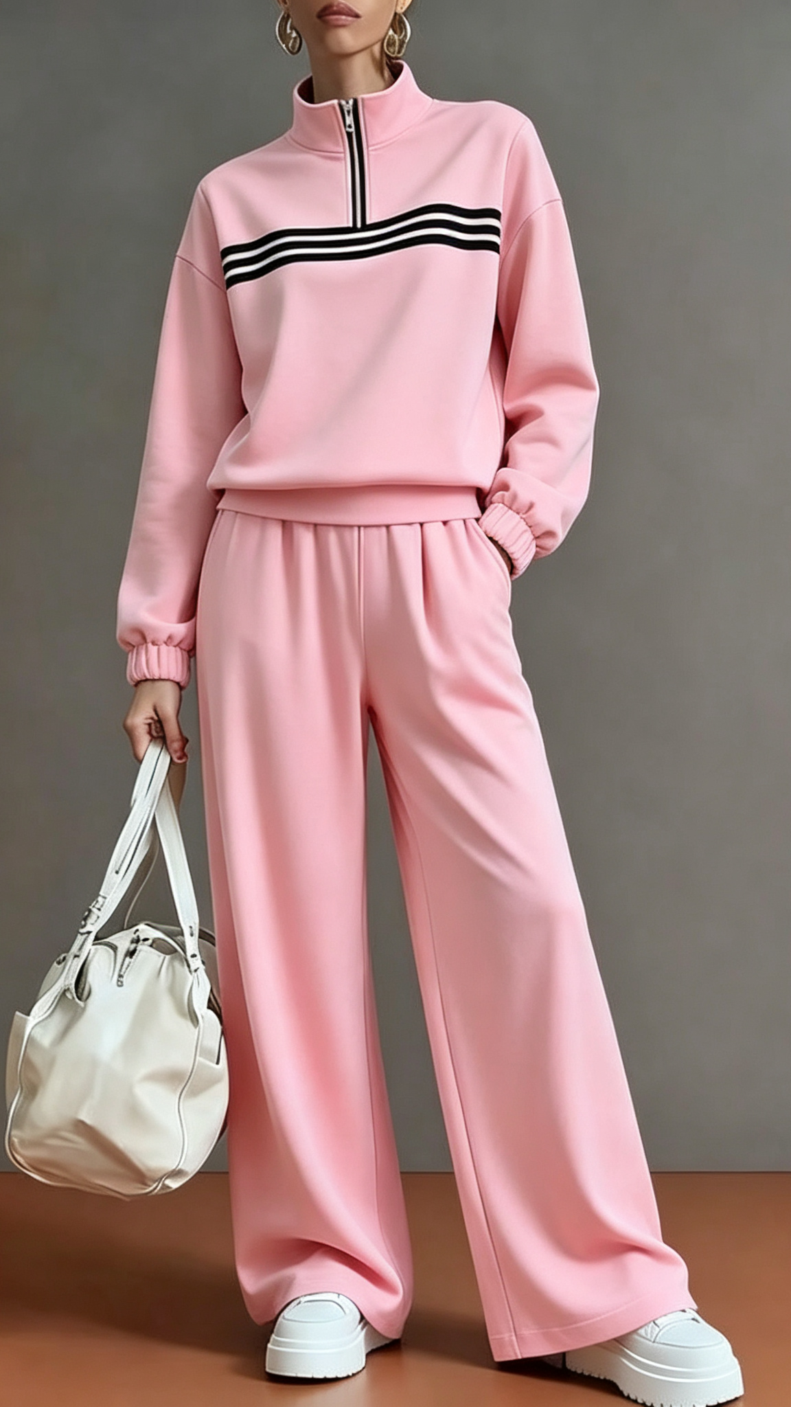 Half‑Zip Stand‑Collar Striped Sweatshirt & Wide‑Leg Two‑Piece Loungewear Set