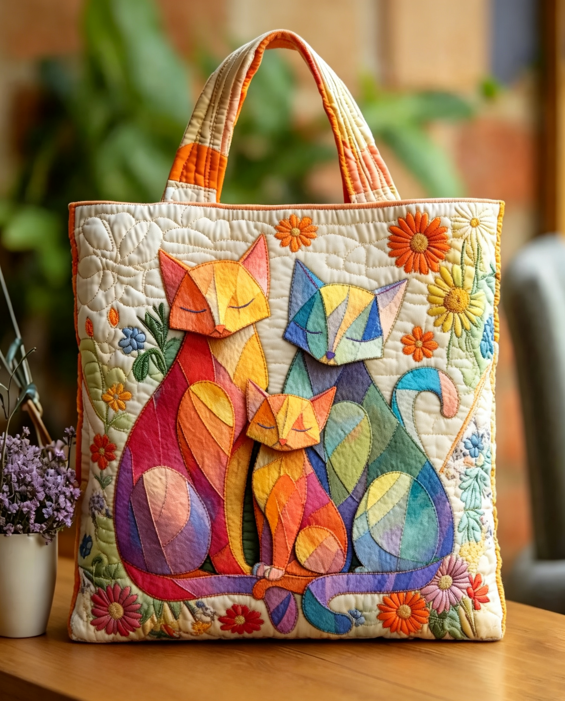 Handmade Stained‑Glass Cat Family Floral Quilted Tote Bag