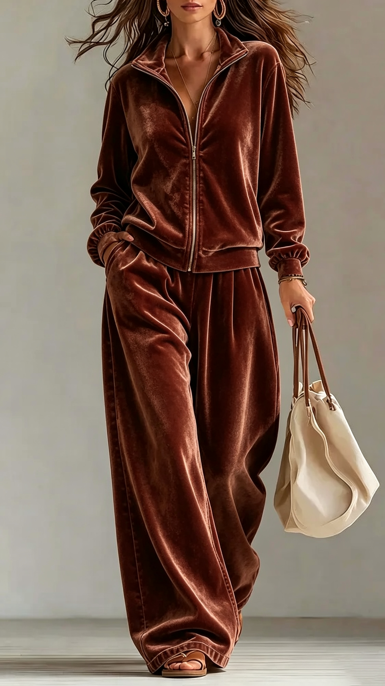Velour Full‑Zip Stand‑Collar Wide‑Leg Tracksuit Two‑Piece Set