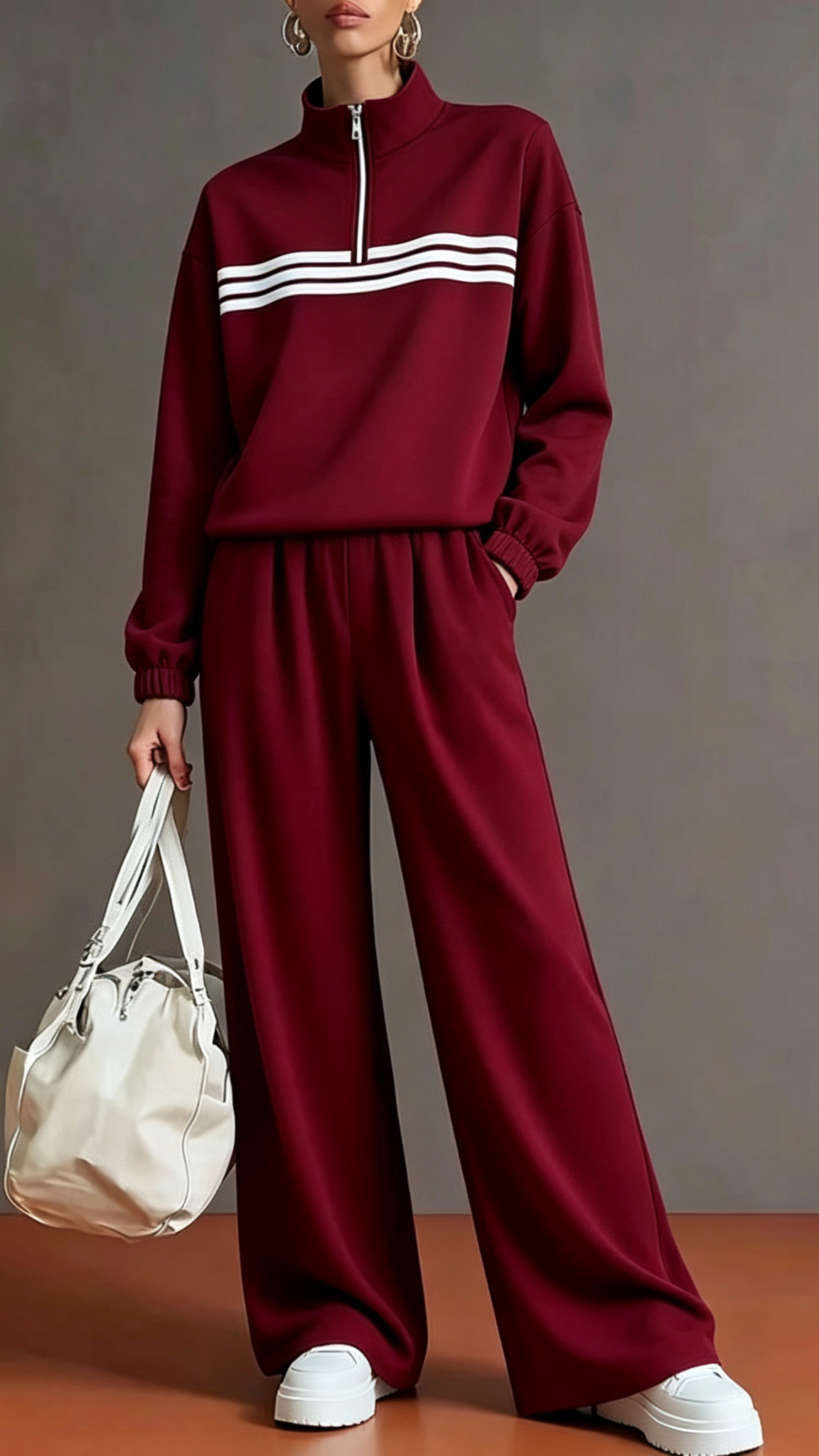 Half‑Zip Stand‑Collar Striped Sweatshirt & Wide‑Leg Two‑Piece Loungewear Set