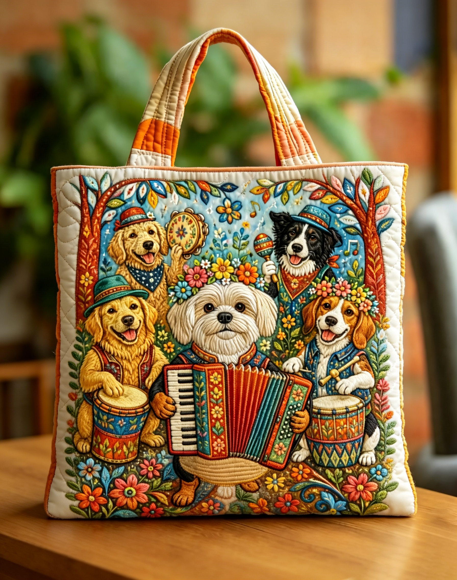 Handmade Happy Dogs Folk Music Band Quilt Tote