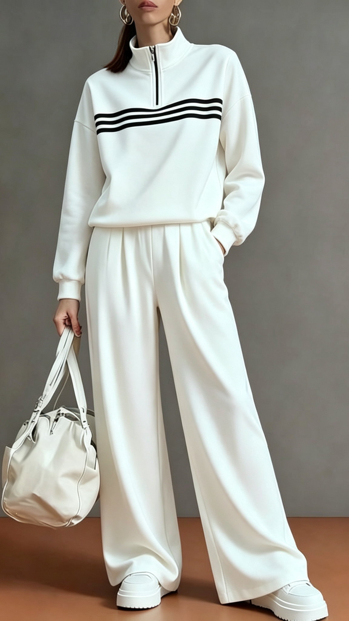 Half‑Zip Stand‑Collar Striped Sweatshirt & Wide‑Leg Two‑Piece Loungewear Set