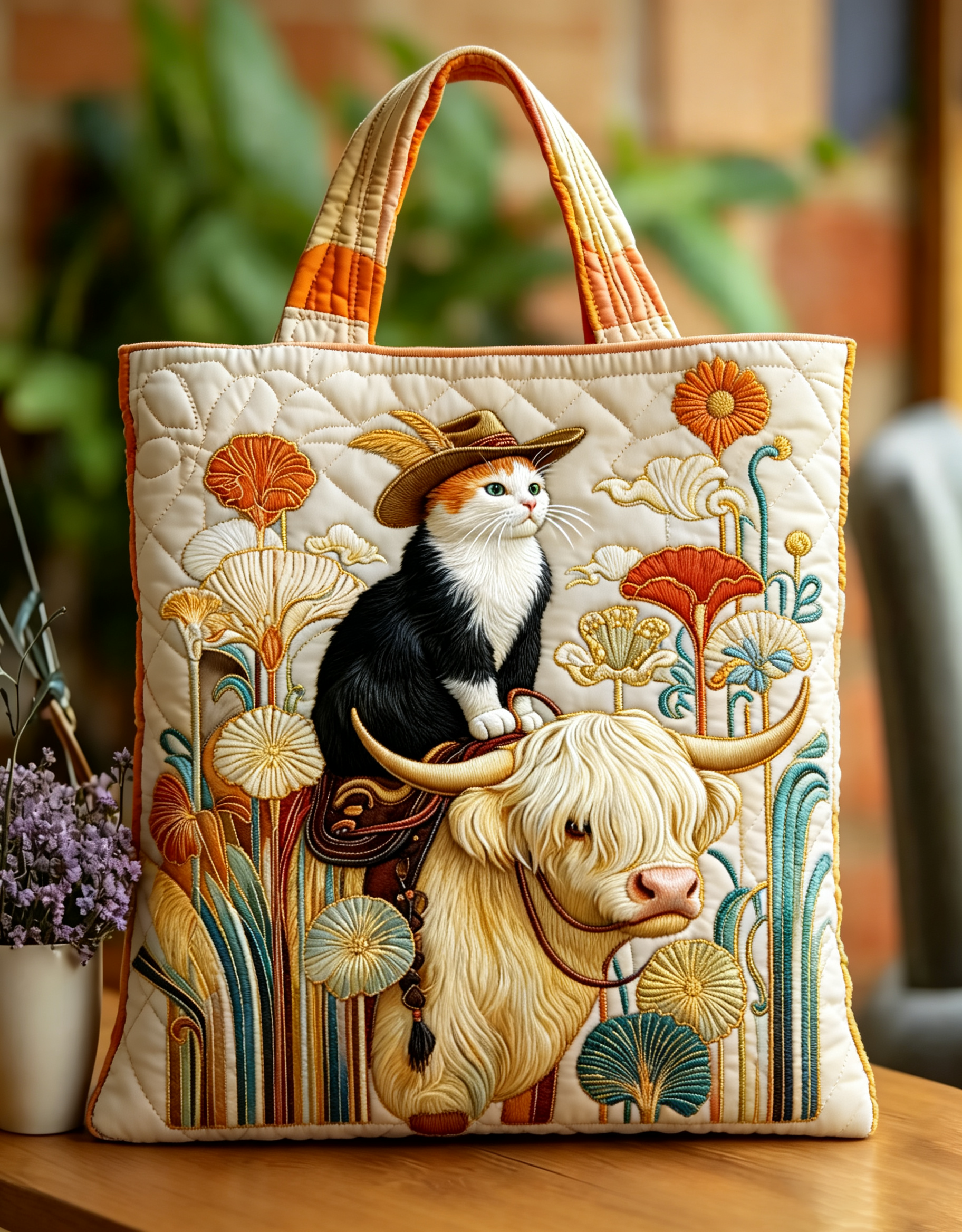 Handmade Cowboy Cat Riding Highland Cow Tote Bag