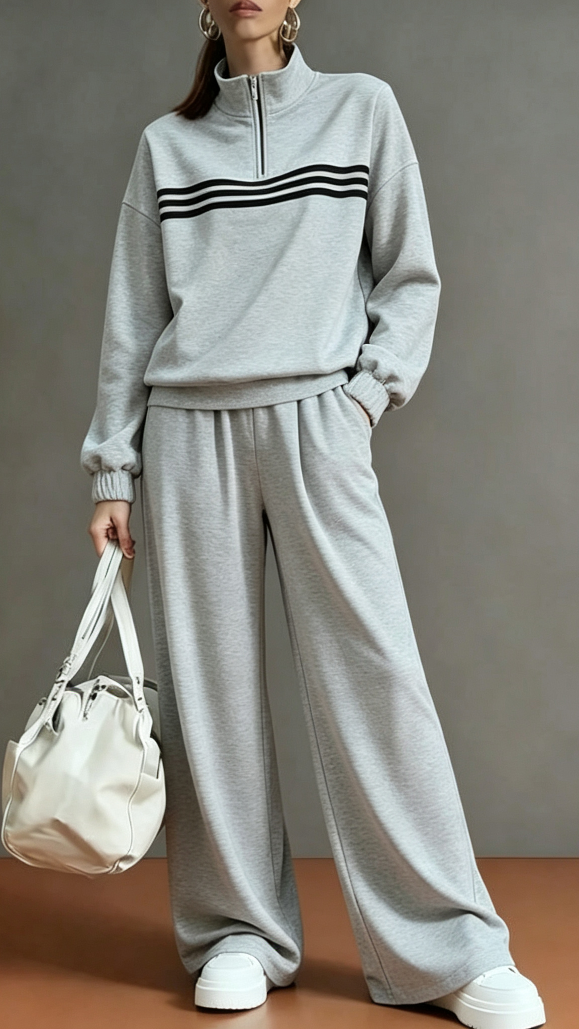 Half‑Zip Stand‑Collar Striped Sweatshirt & Wide‑Leg Two‑Piece Loungewear Set