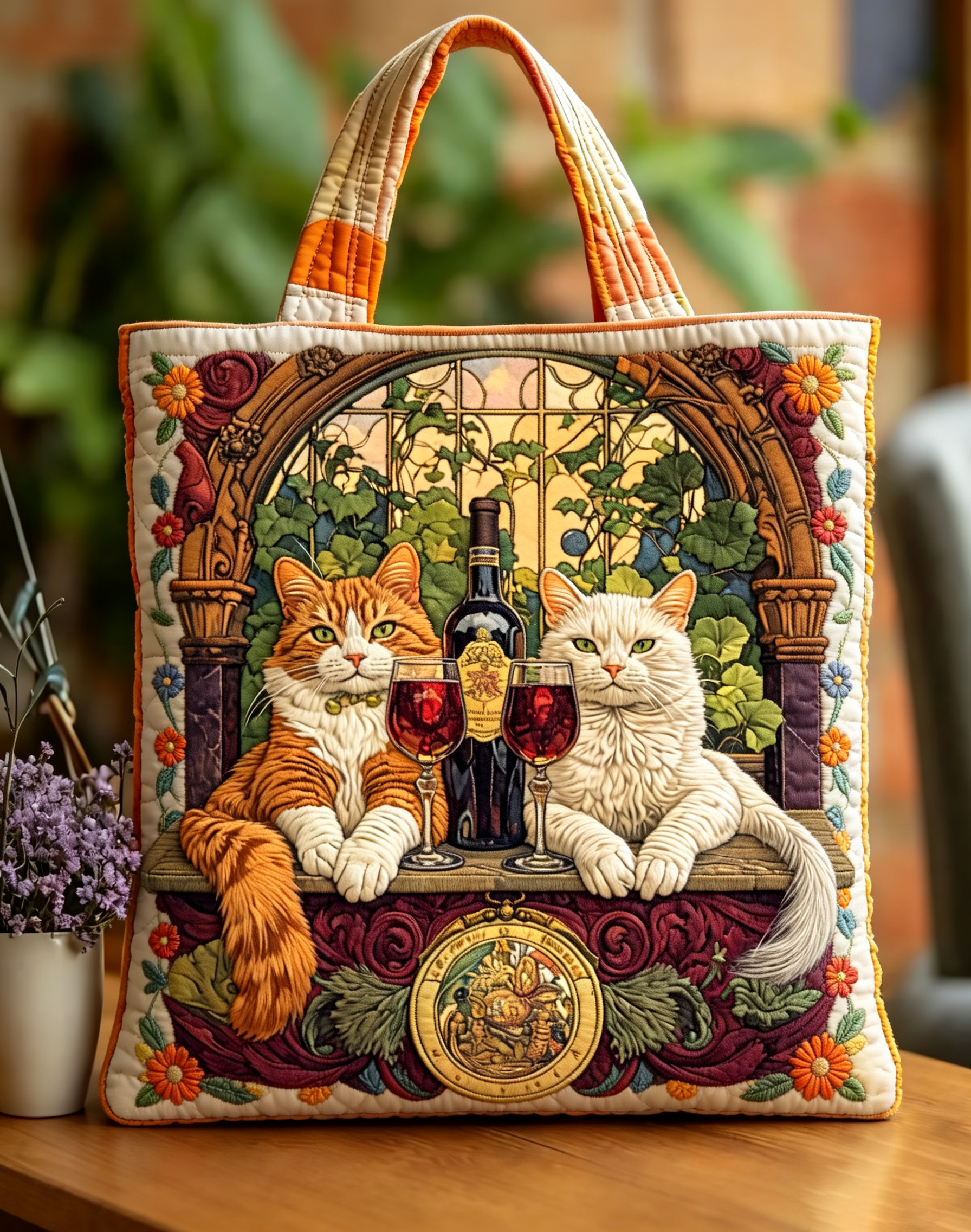 Handmade Vintage Cats Wine Time Quilted Tote Bag