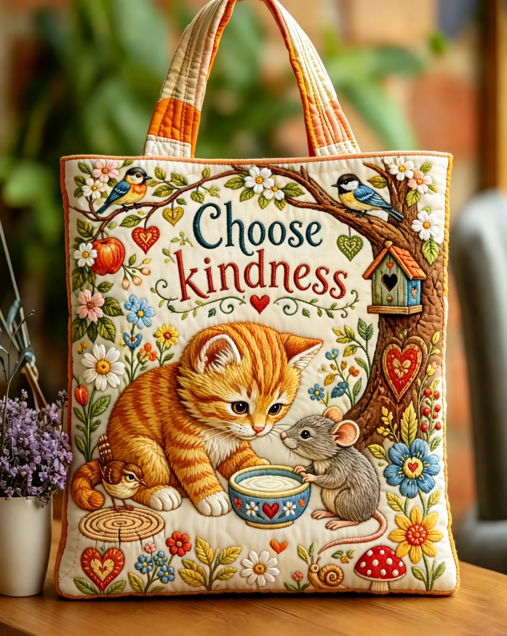 Handmade Choose Kindness Kitten & Mouse Quilt Tote